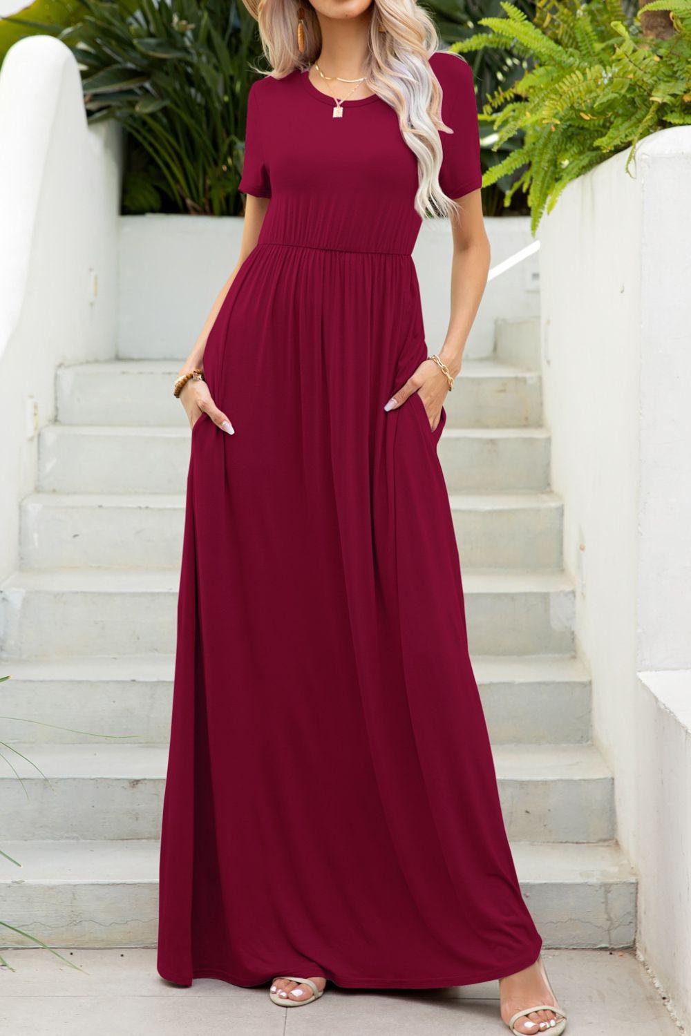 Round Neck Maxi Tee Dress with Pockets BLUE ZONE PLANET