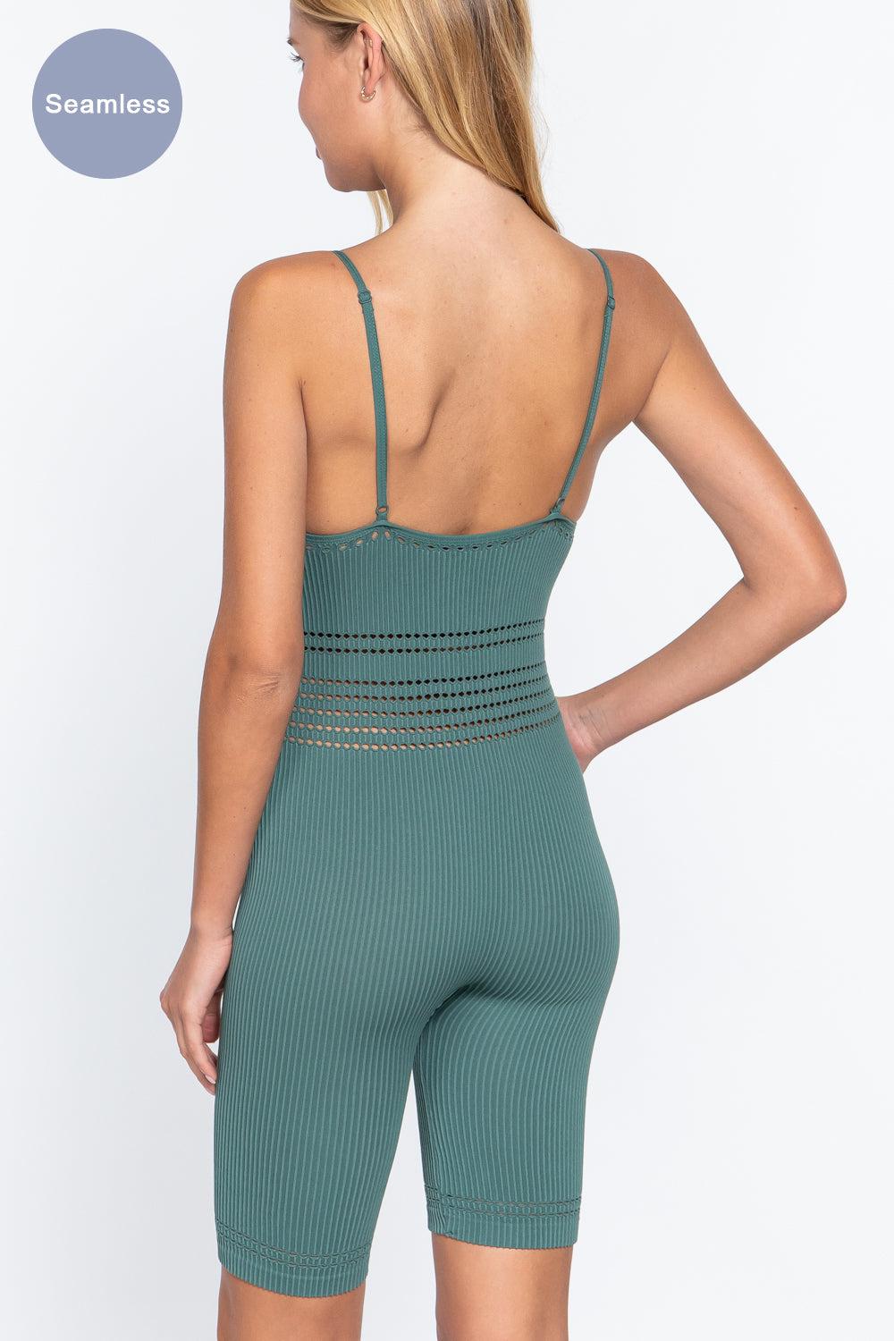 Round Neck Pointelle Detail Seamless Rib Romper Blue Zone Planet