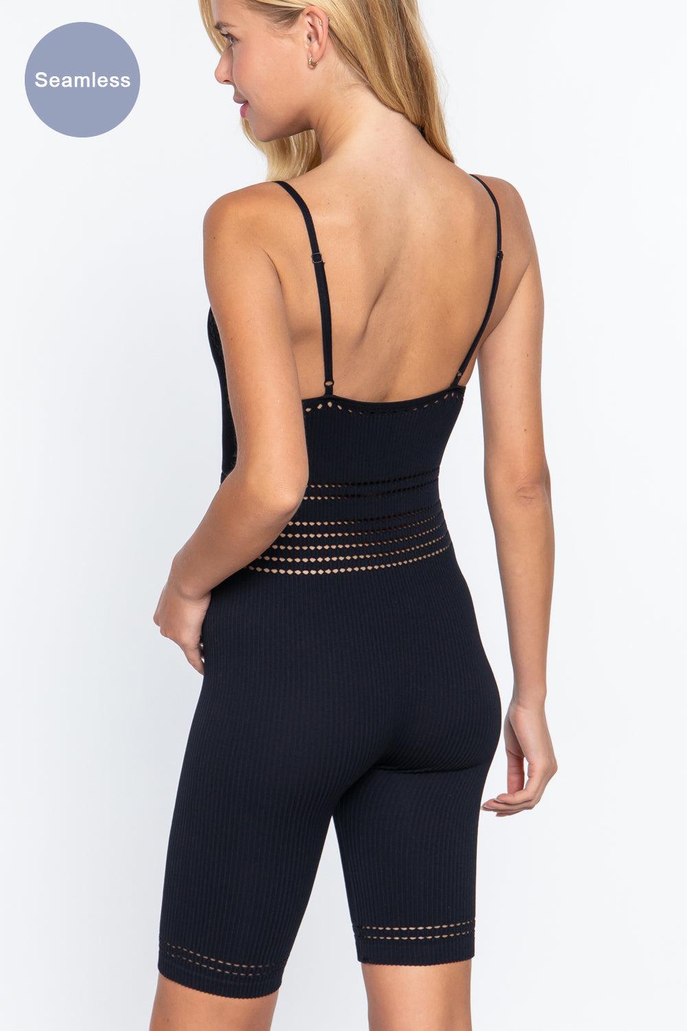 Round Neck Pointelle Detail Seamless Rib Romper Blue Zone Planet