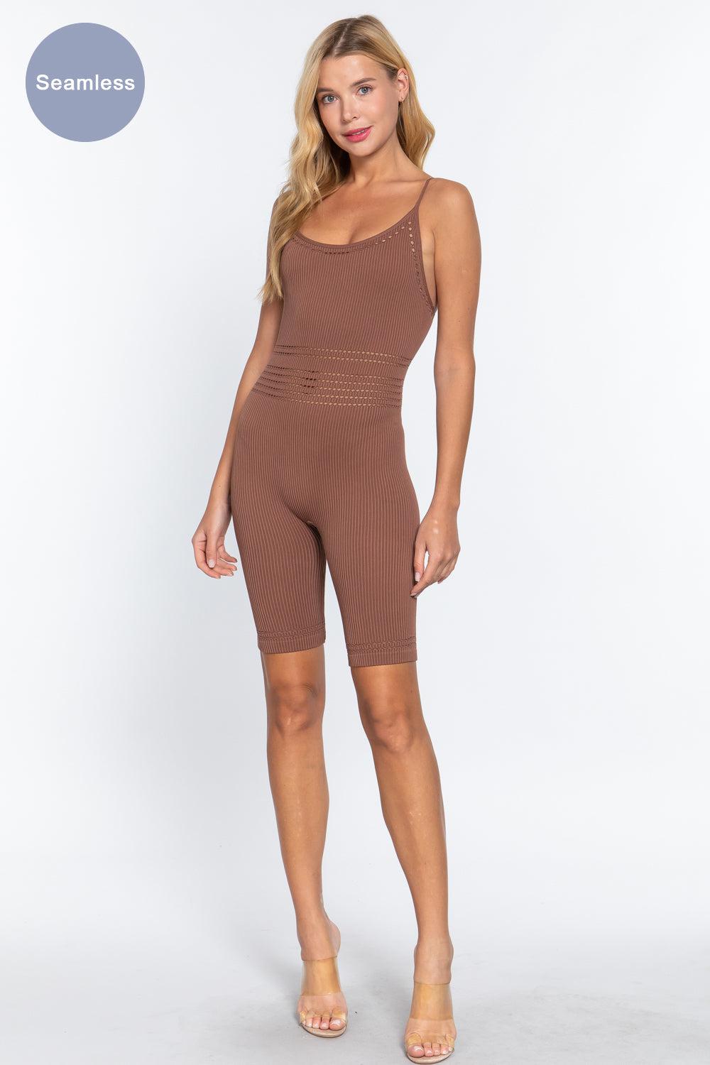 Round Neck Pointelle Detail Seamless Rib Romper Blue Zone Planet