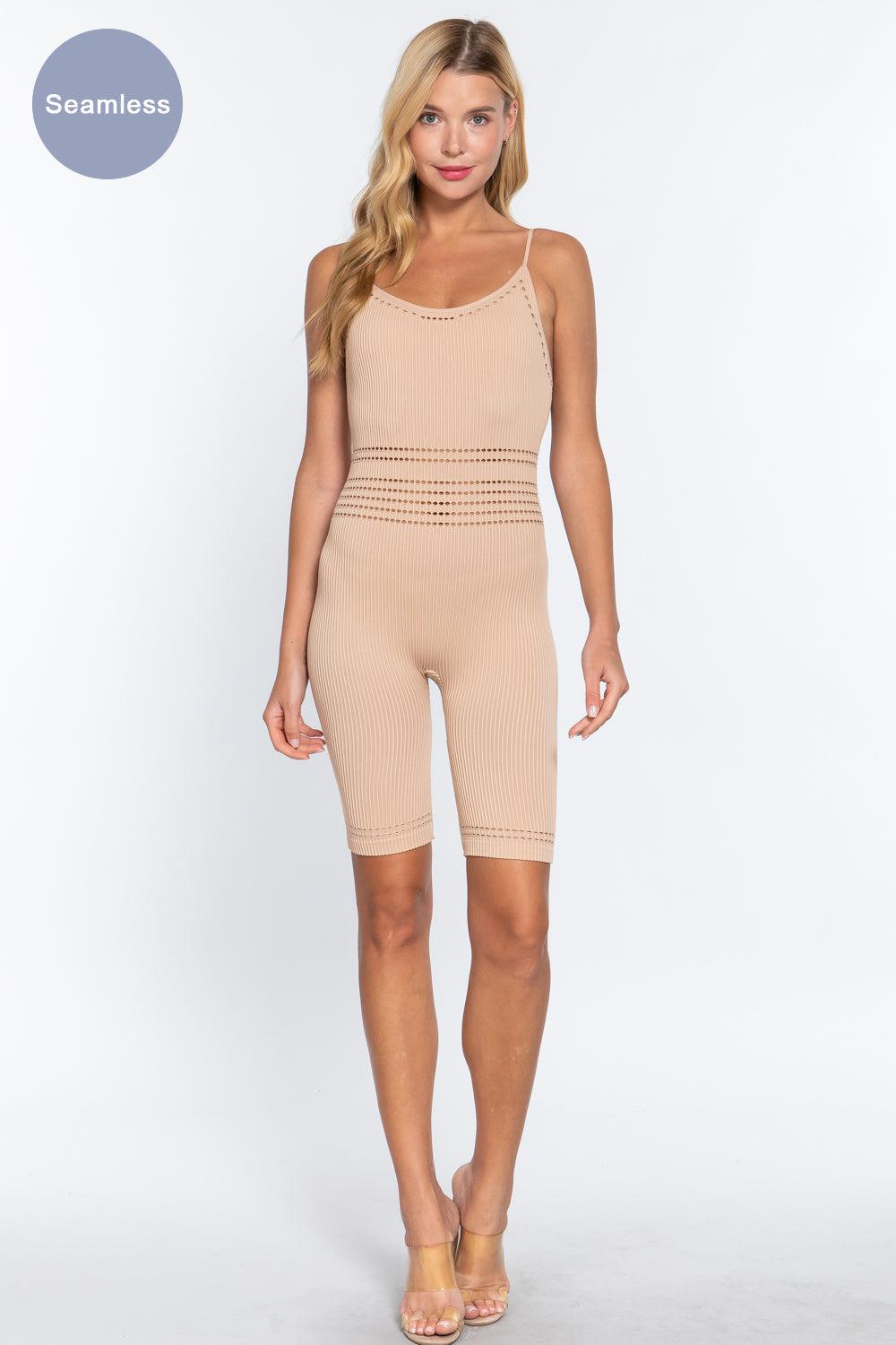 Round Neck Pointelle Detail Seamless Rib Romper Blue Zone Planet