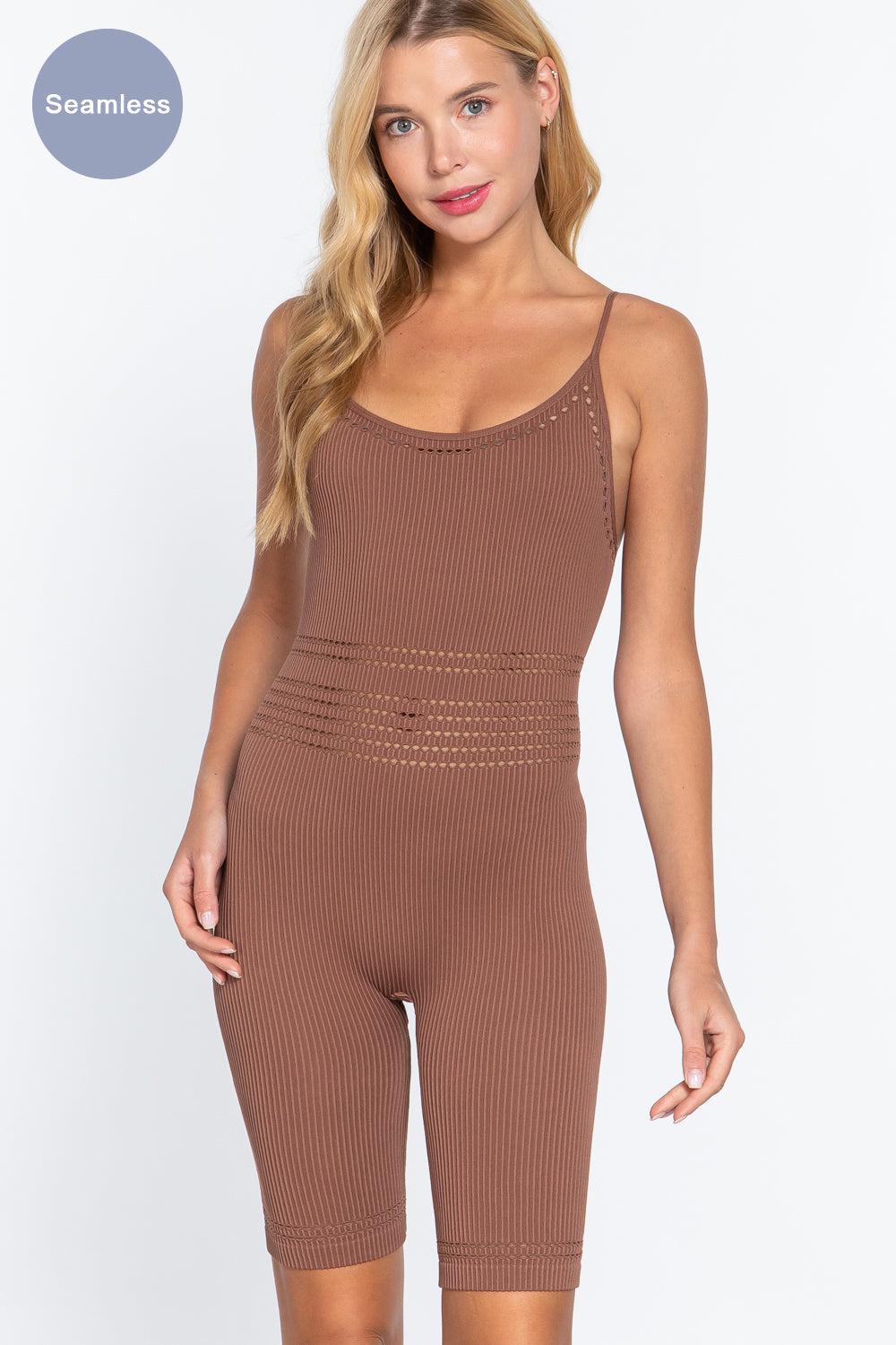 Round Neck Pointelle Detail Seamless Rib Romper Blue Zone Planet