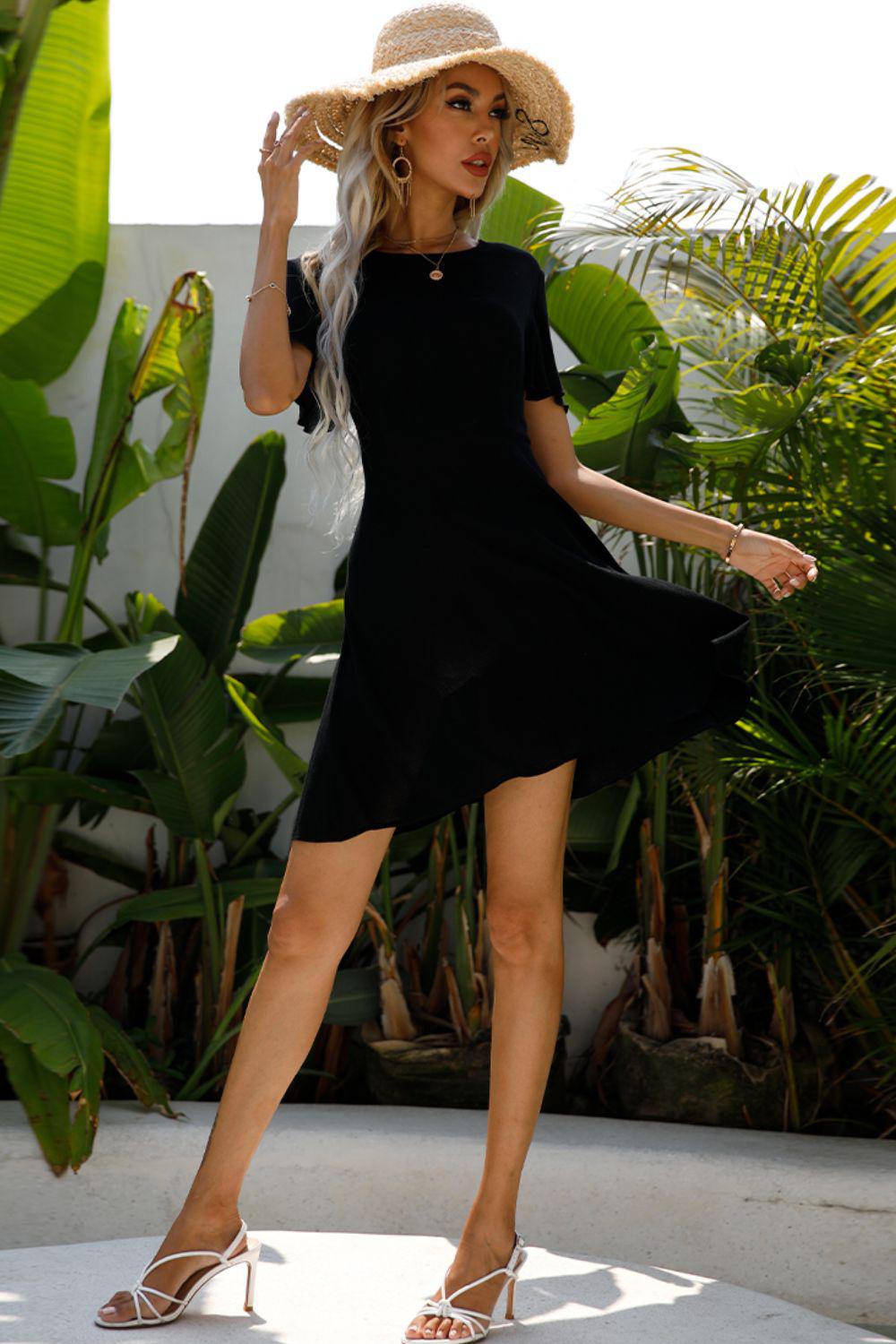 Round Neck Short Sleeve Mini A-Line Dress BLUE ZONE PLANET