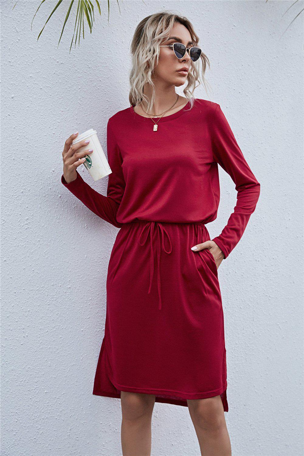 Round Neck Side Slit Dress BLUE ZONE PLANET