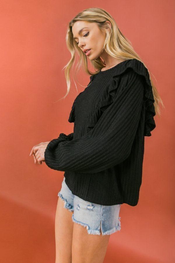 Round Neckline Front Ruffle Detail Knit Top Blue Zone Planet