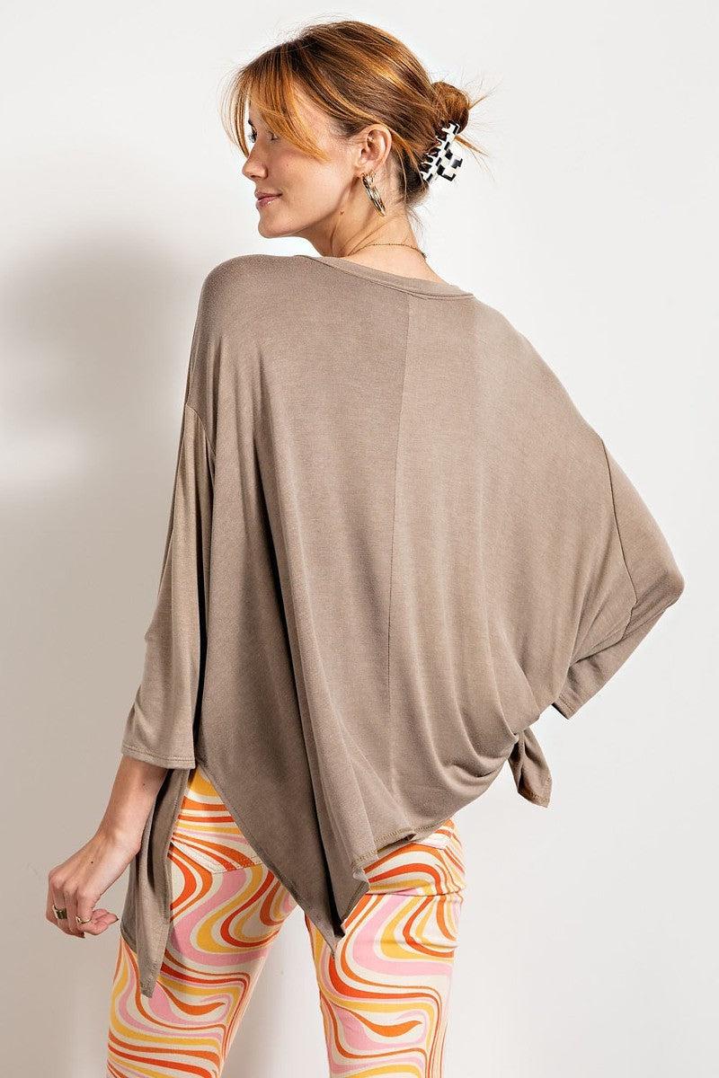 Rounded Neckline 3/4 Sleeves Washed Top Blue Zone Planet