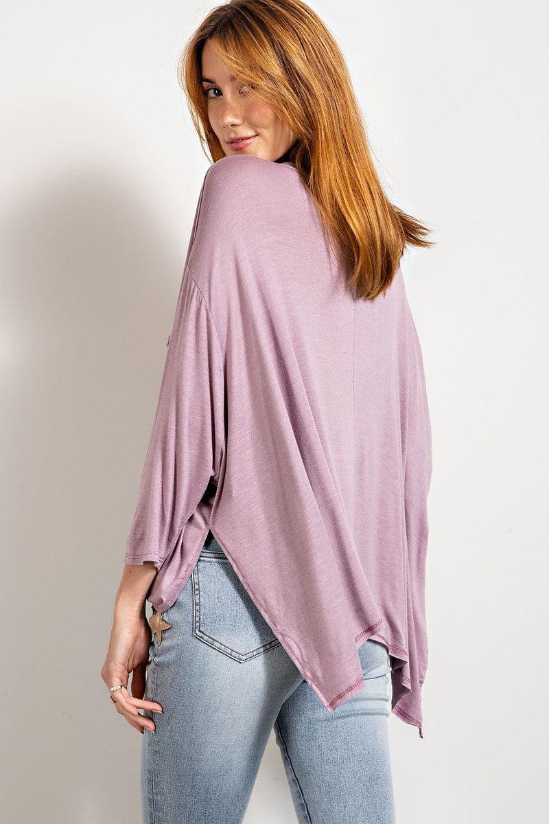 Rounded Neckline 3/4 Sleeves Washed Top Blue Zone Planet