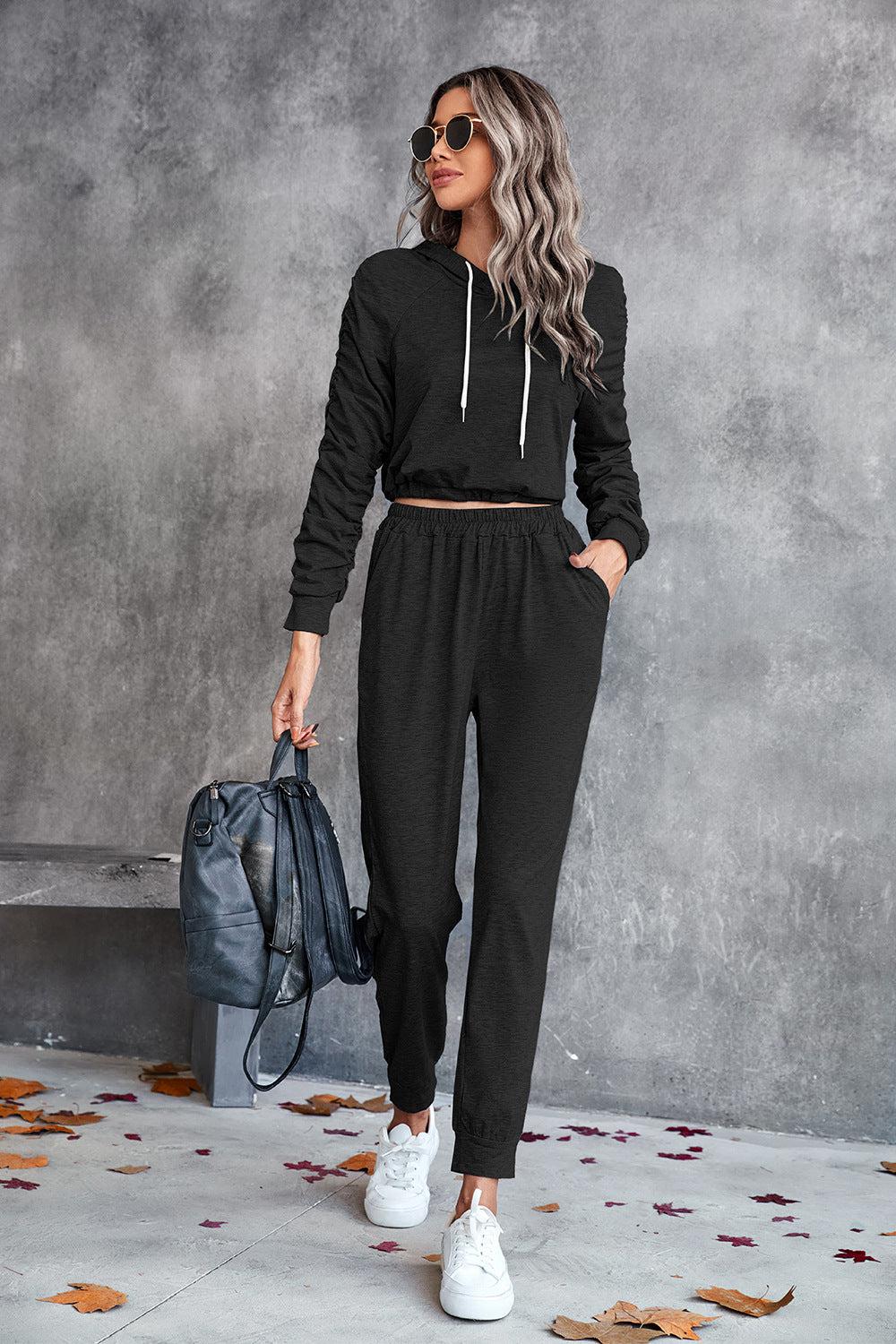 Ruched Raglan Sleeve Hoodie and Joggers Set BLUE ZONE PLANET
