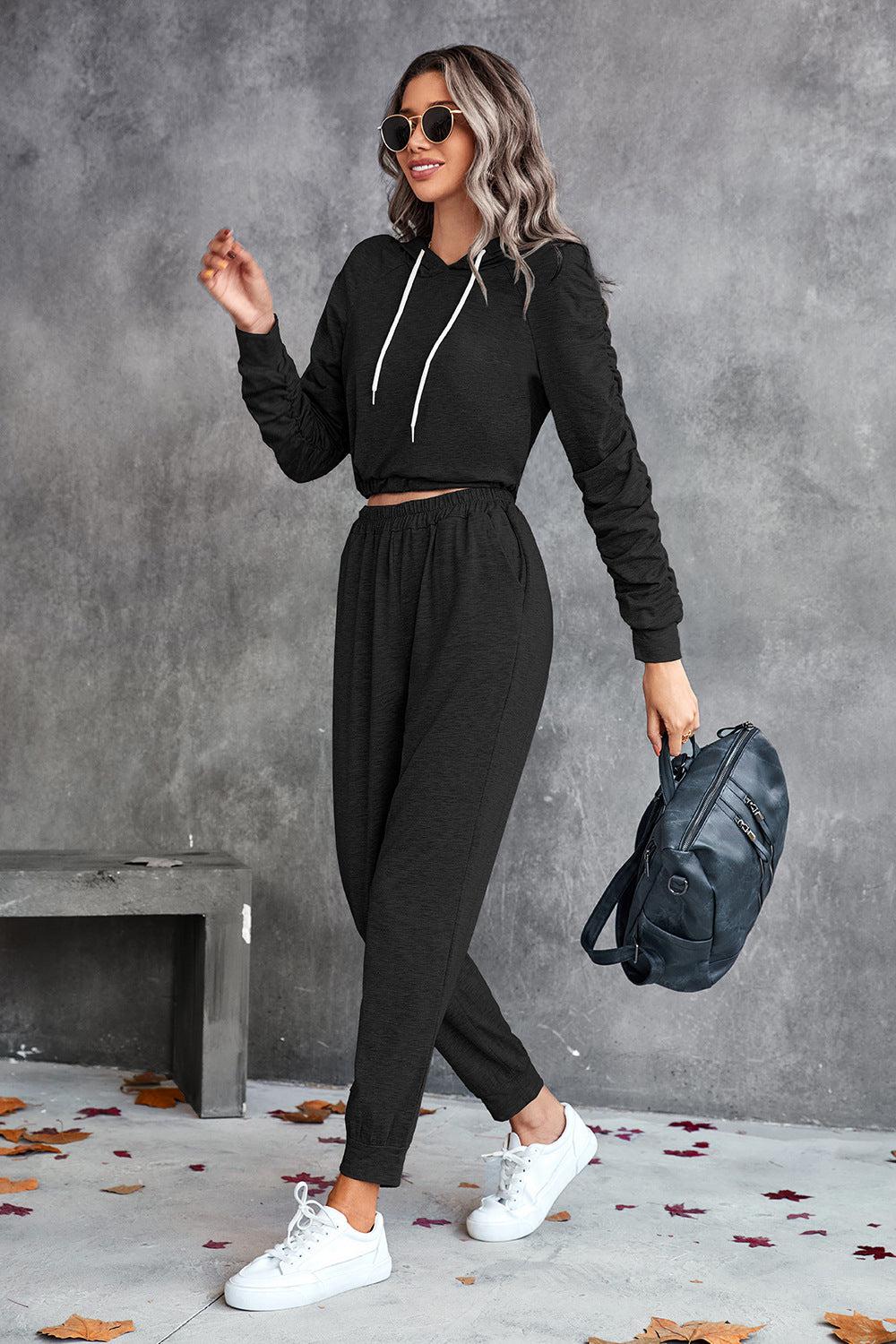 Ruched Raglan Sleeve Hoodie and Joggers Set BLUE ZONE PLANET