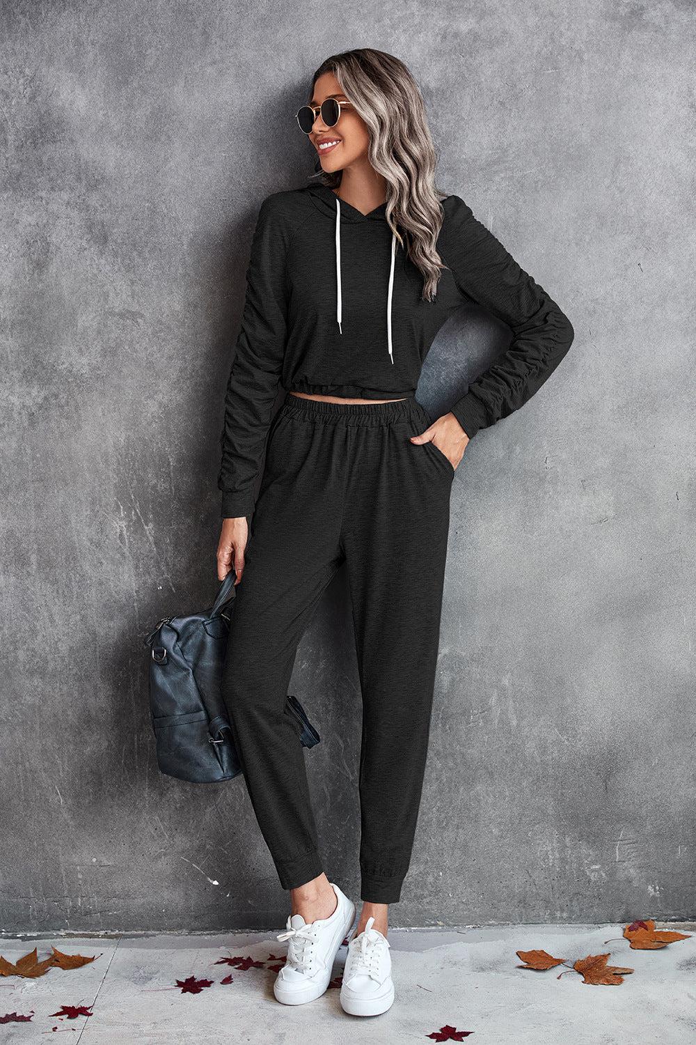 Ruched Raglan Sleeve Hoodie and Joggers Set BLUE ZONE PLANET