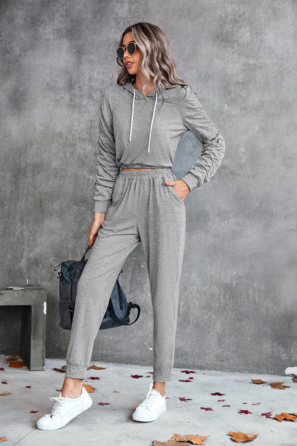 Ruched Raglan Sleeve Hoodie and Joggers Set BLUE ZONE PLANET