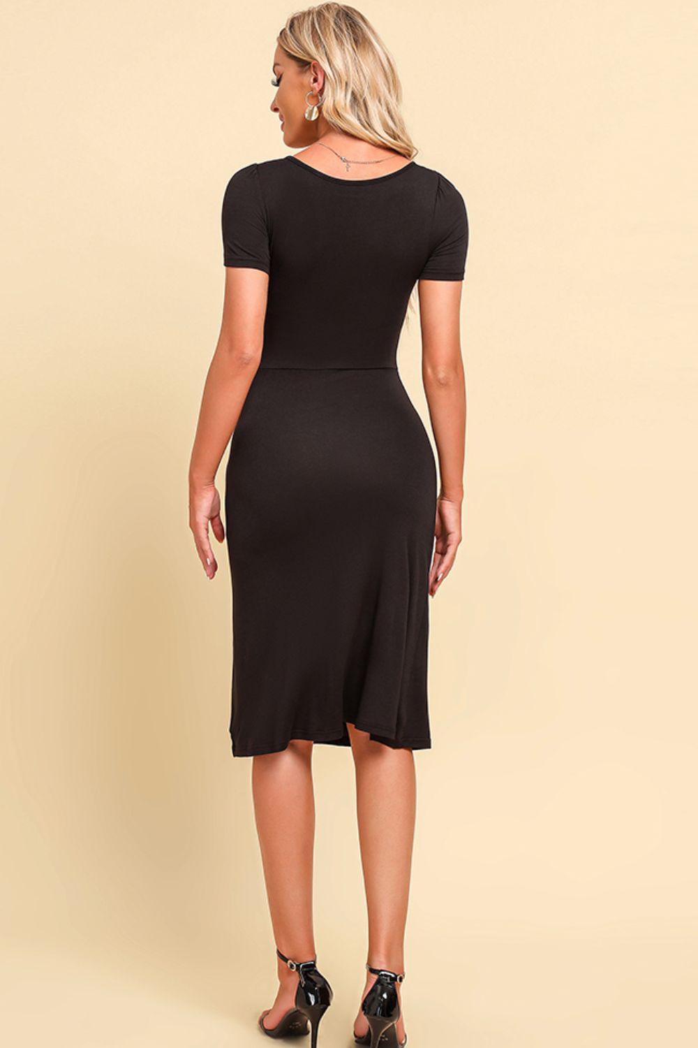 Ruched Sweetheart Neck Short Sleeve Slit Dress BLUE ZONE PLANET