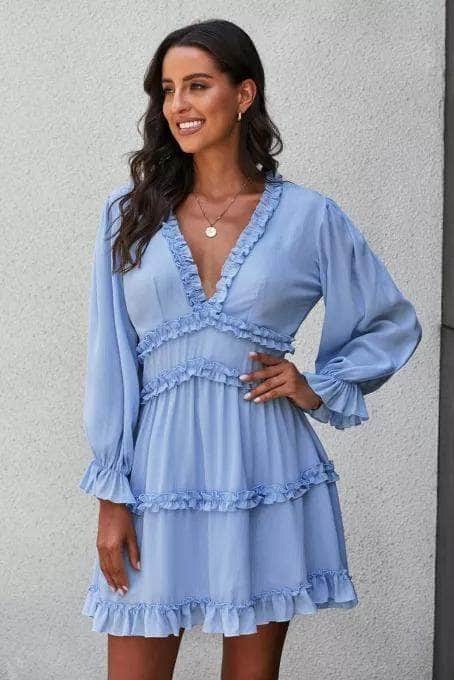 Ruffle Detailing Open Back Dress BLUE ZONE PLANET