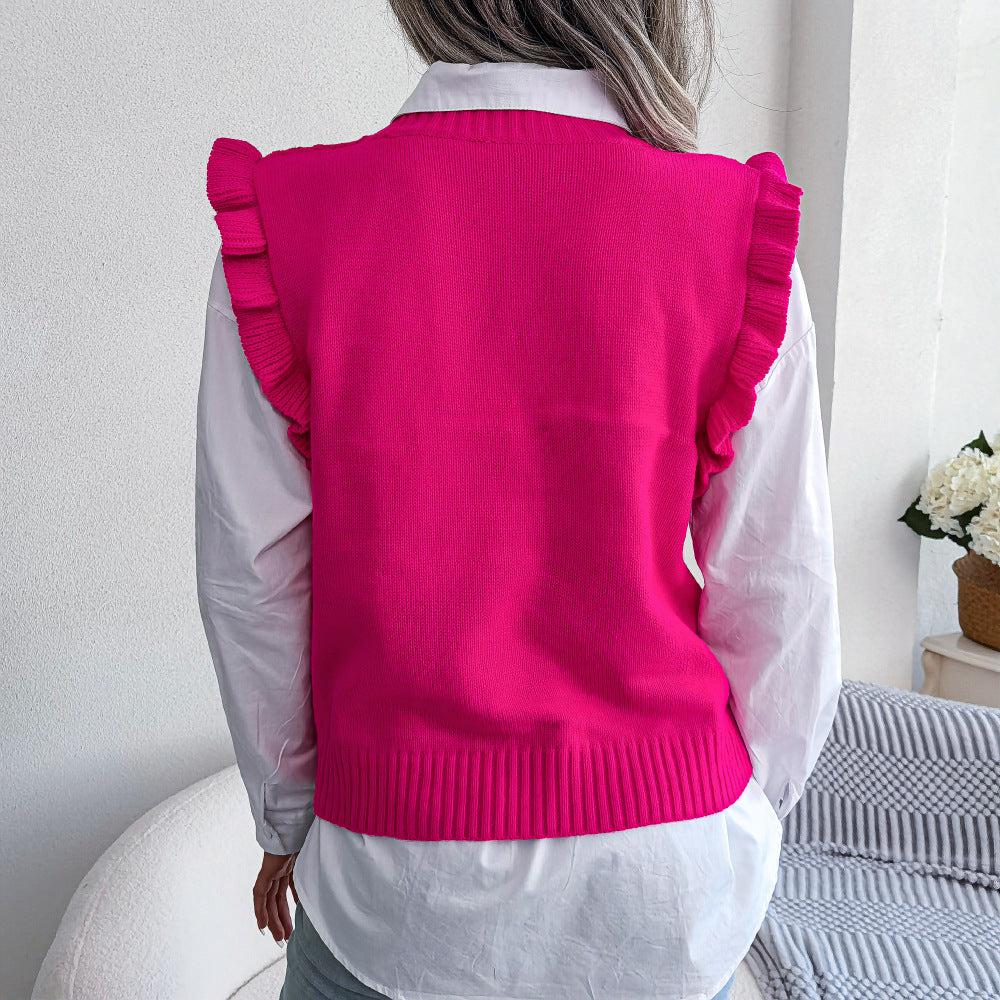 Ruffle Shoulder Ribbed Trim Sweater Vest BLUE ZONE PLANET