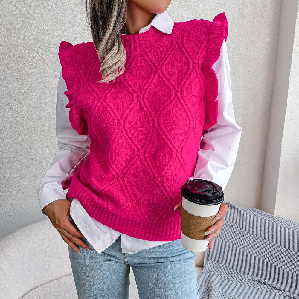Ruffle Shoulder Ribbed Trim Sweater Vest BLUE ZONE PLANET