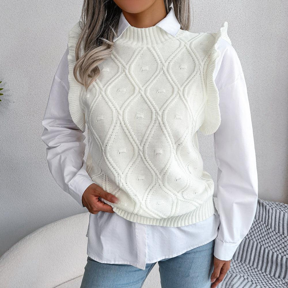 Ruffle Shoulder Ribbed Trim Sweater Vest BLUE ZONE PLANET