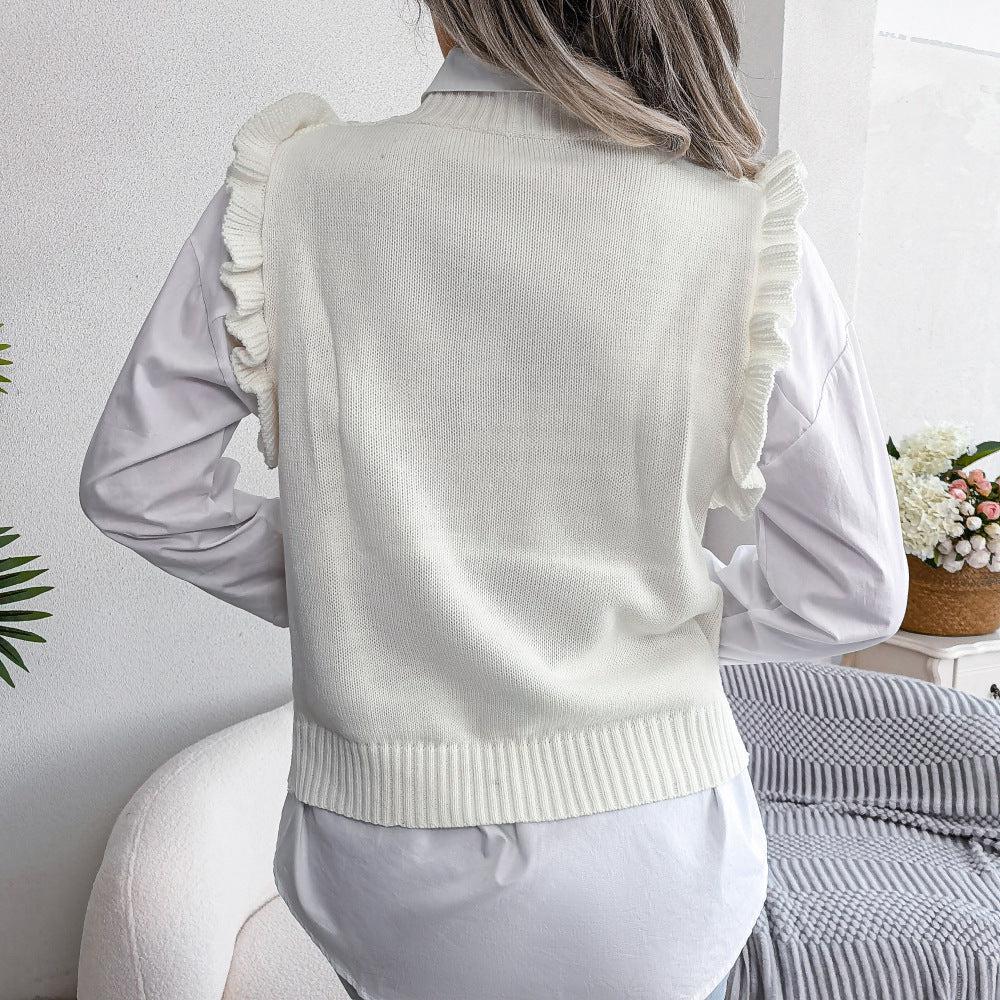 Ruffle Shoulder Ribbed Trim Sweater Vest BLUE ZONE PLANET