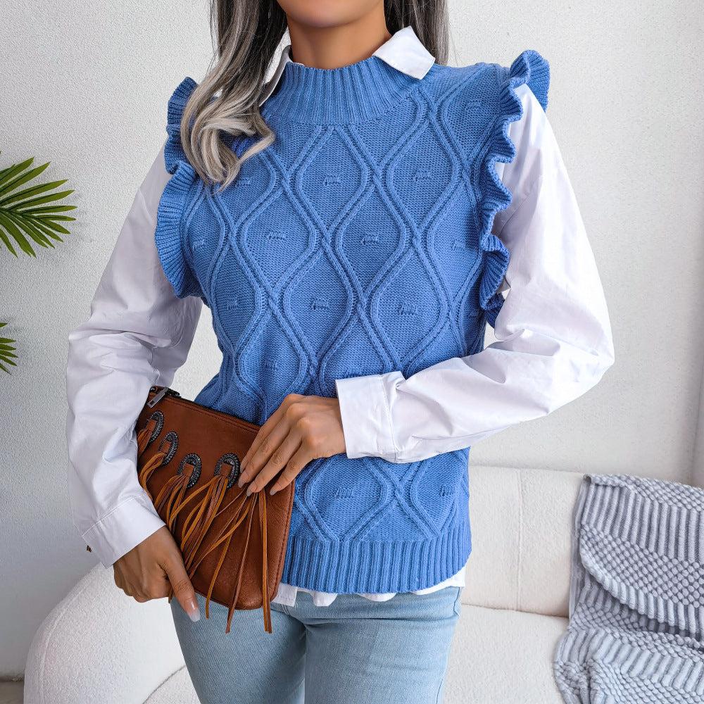 Ruffle Shoulder Ribbed Trim Sweater Vest BLUE ZONE PLANET