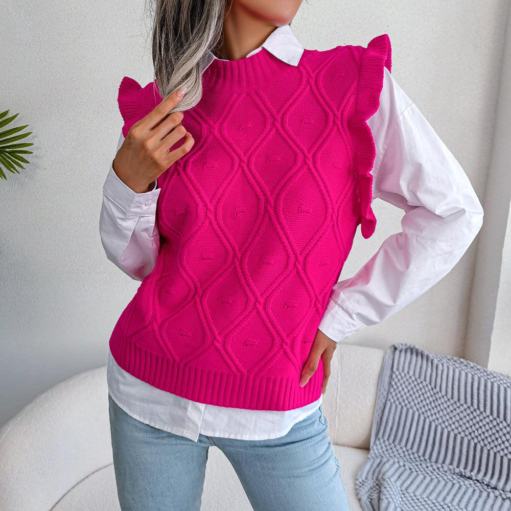 Ruffle Shoulder Ribbed Trim Sweater Vest BLUE ZONE PLANET