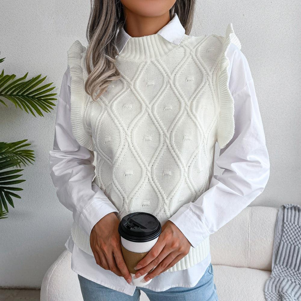 Ruffle Shoulder Ribbed Trim Sweater Vest BLUE ZONE PLANET