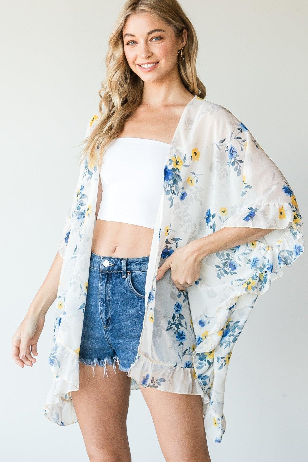 Ruffle Trim Lightweight Kimono Blue Zone Planet