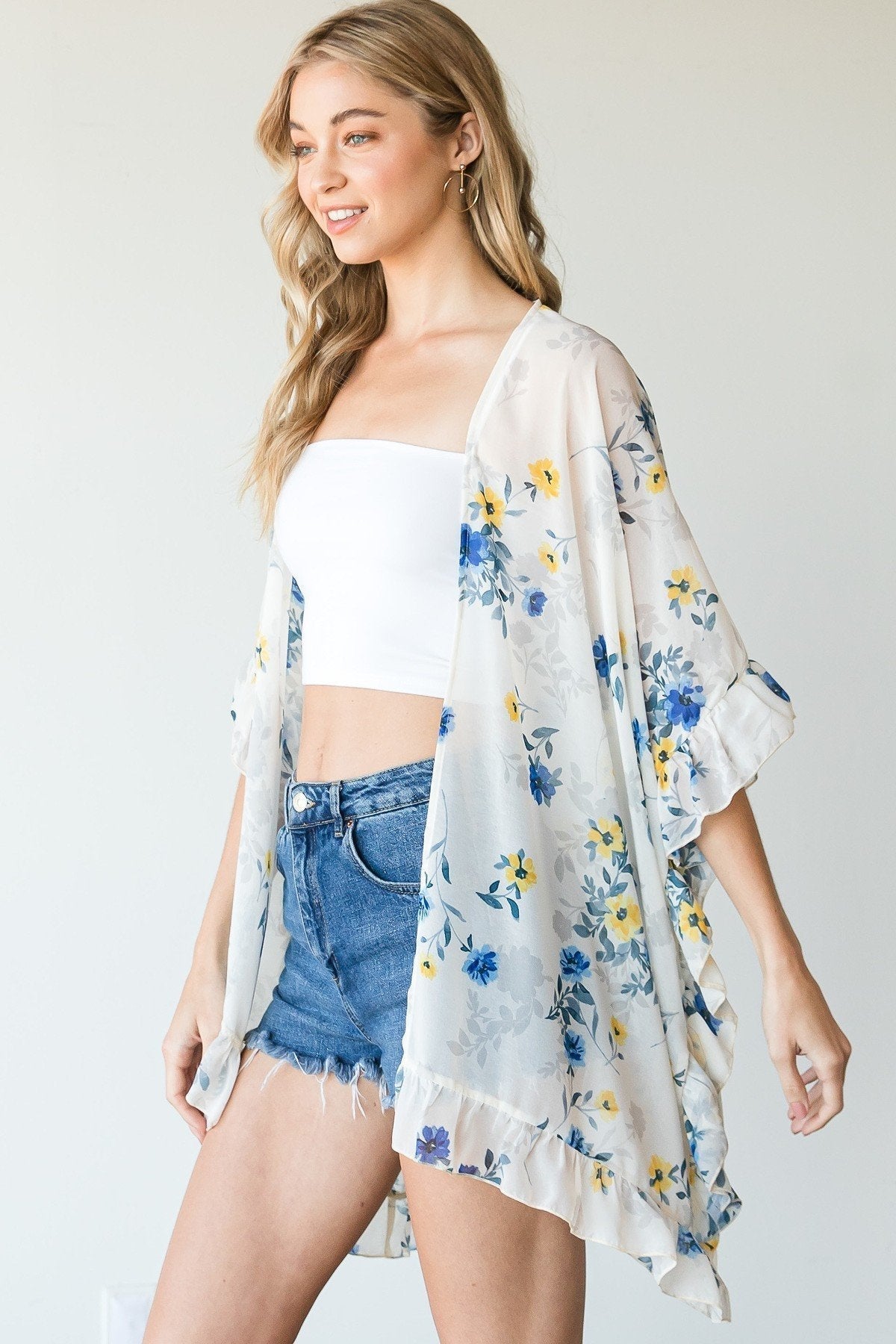 Ruffle Trim Lightweight Kimono Blue Zone Planet
