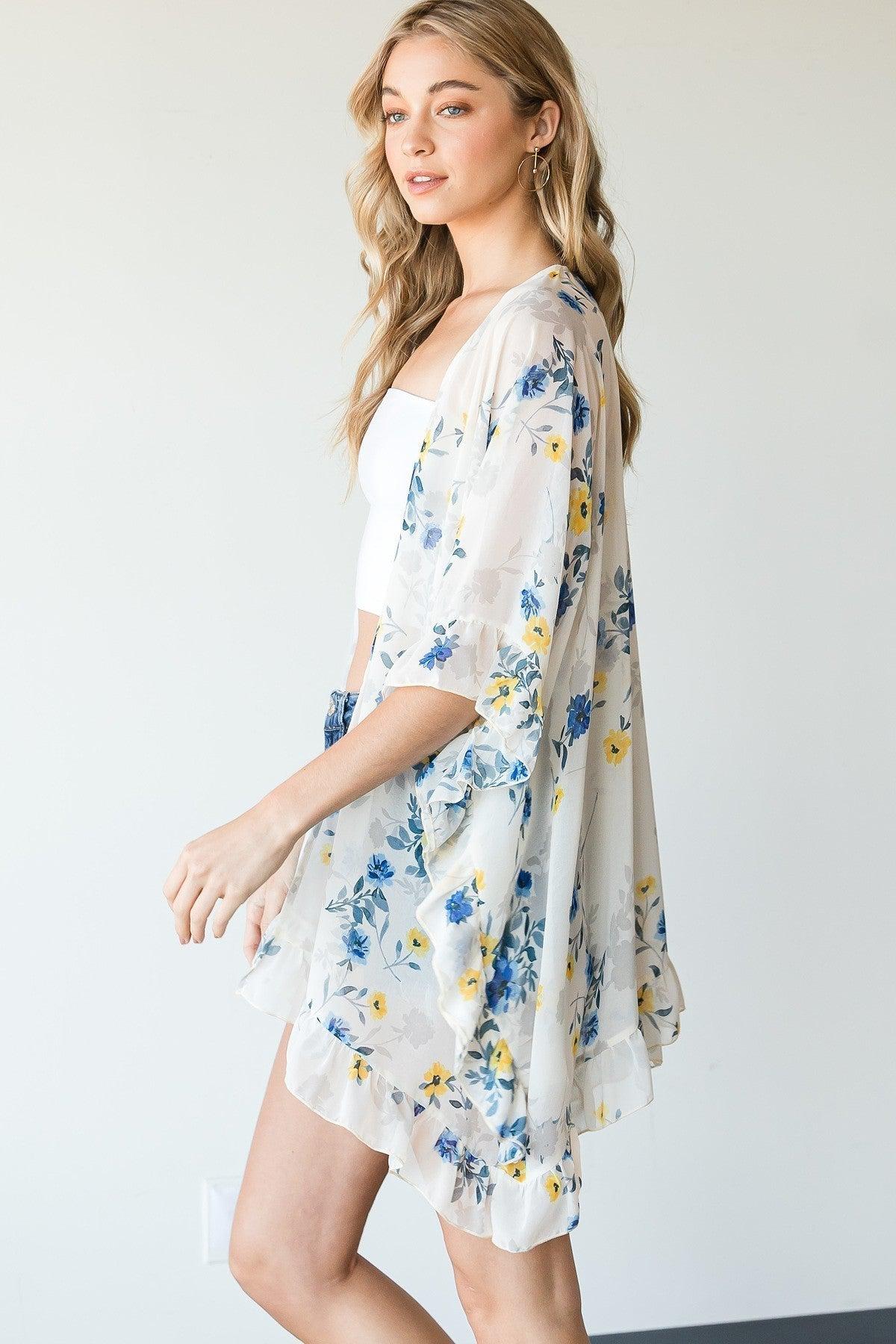 Ruffle Trim Lightweight Kimono Blue Zone Planet