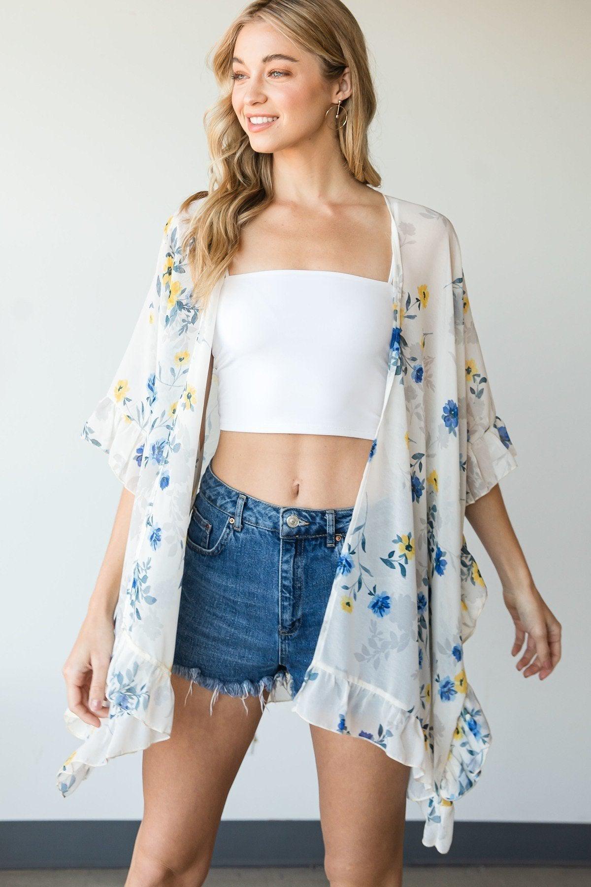Ruffle Trim Lightweight Kimono Blue Zone Planet