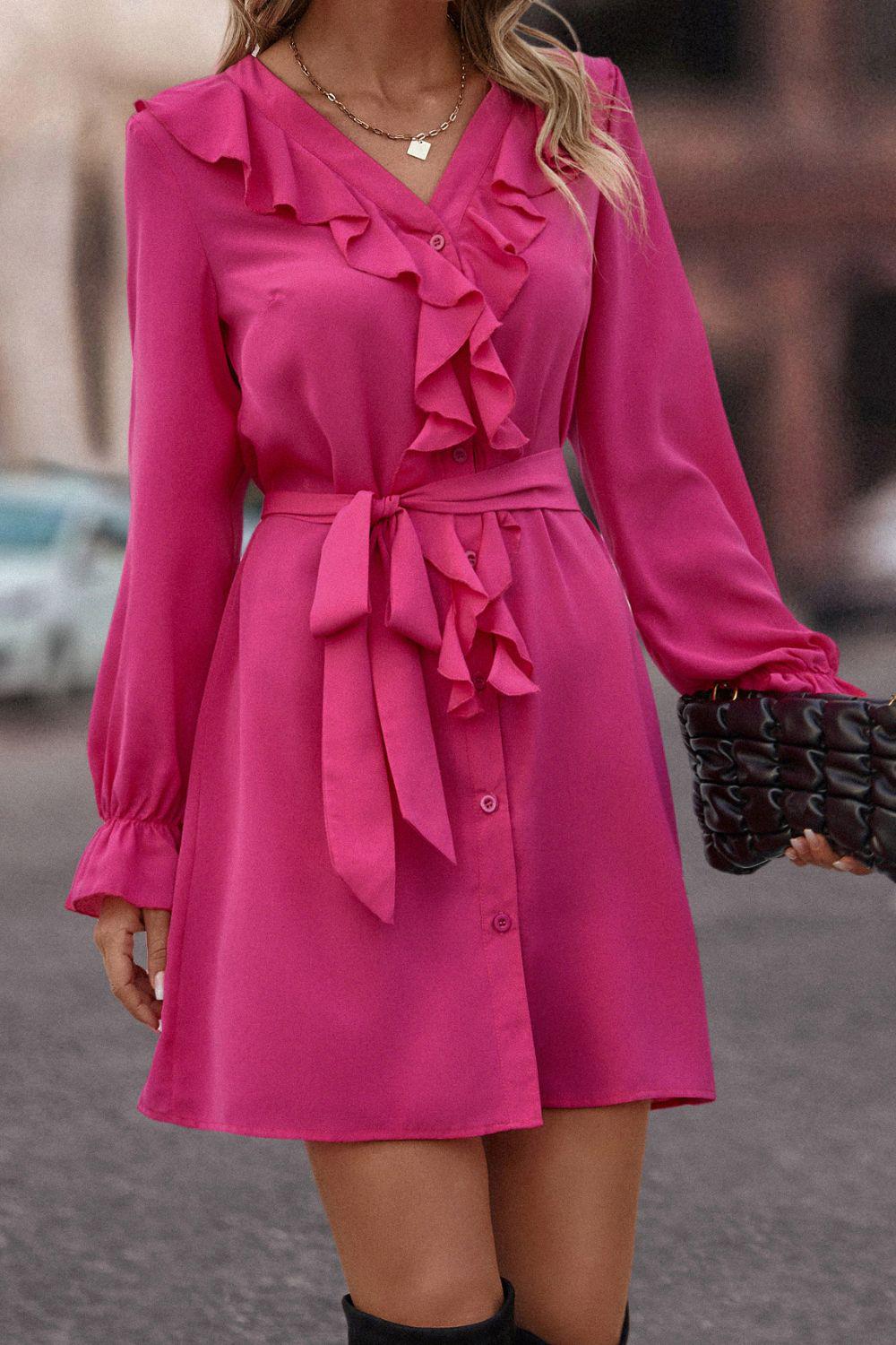Ruffled Flounce Sleeve V-Neck Belted Dress BLUE ZONE PLANET