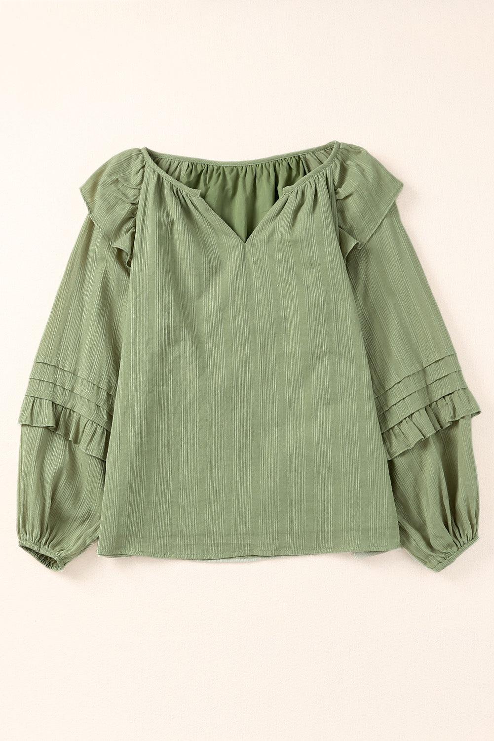 Ruffled Notched Neck Balloon Sleeve Blouse BLUE ZONE PLANET