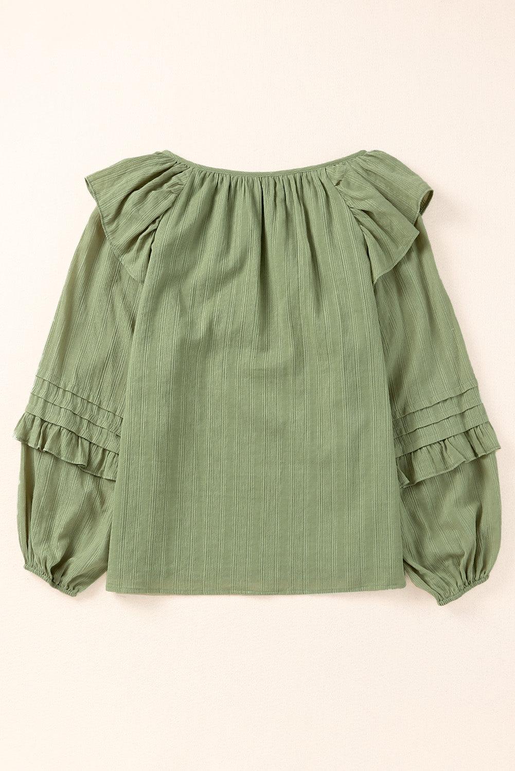 Ruffled Notched Neck Balloon Sleeve Blouse BLUE ZONE PLANET