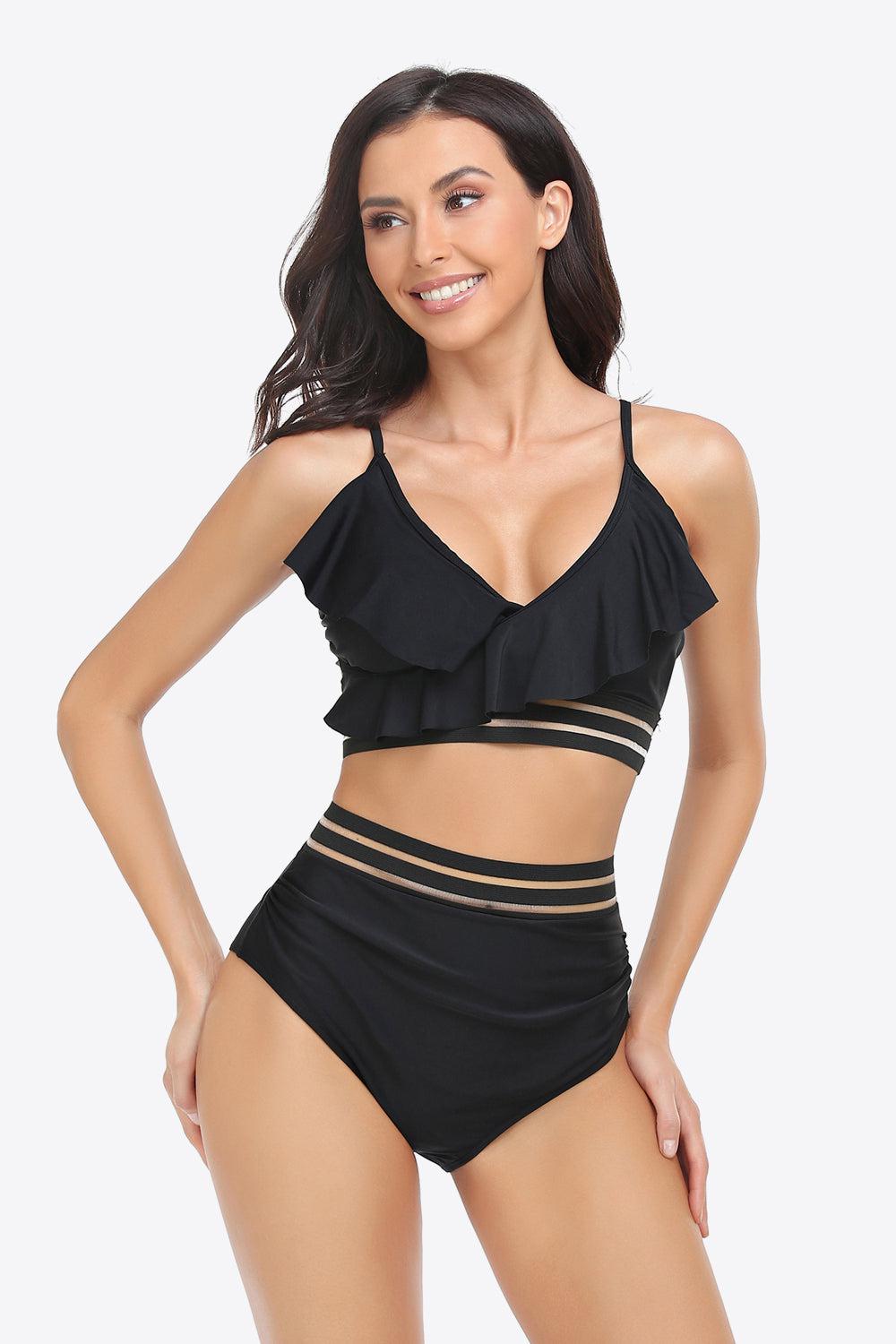 Ruffled Plunge Bikini Set BLUE ZONE PLANET