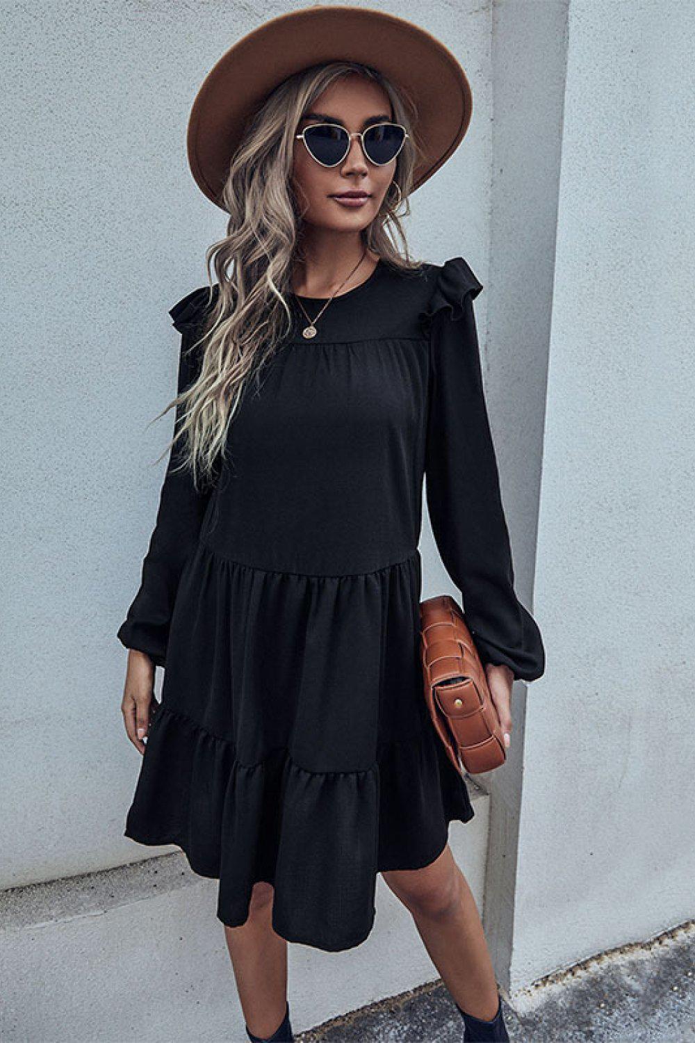 Ruffled Shoulder Tiered Dress BLUE ZONE PLANET