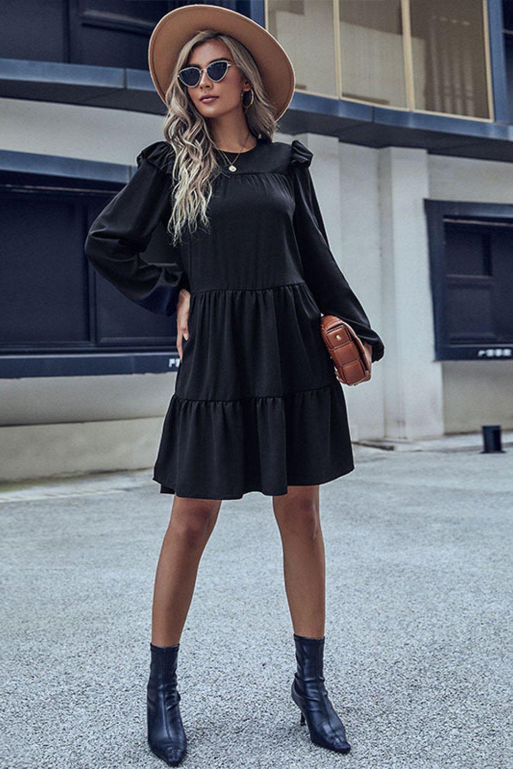 Ruffled Shoulder Tiered Dress BLUE ZONE PLANET