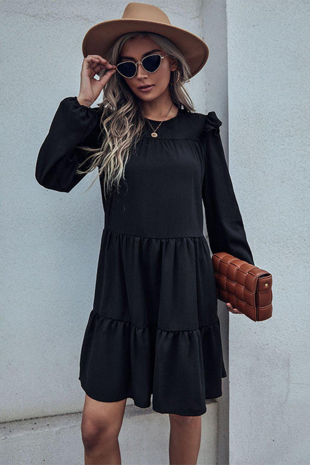 Ruffled Shoulder Tiered Dress BLUE ZONE PLANET