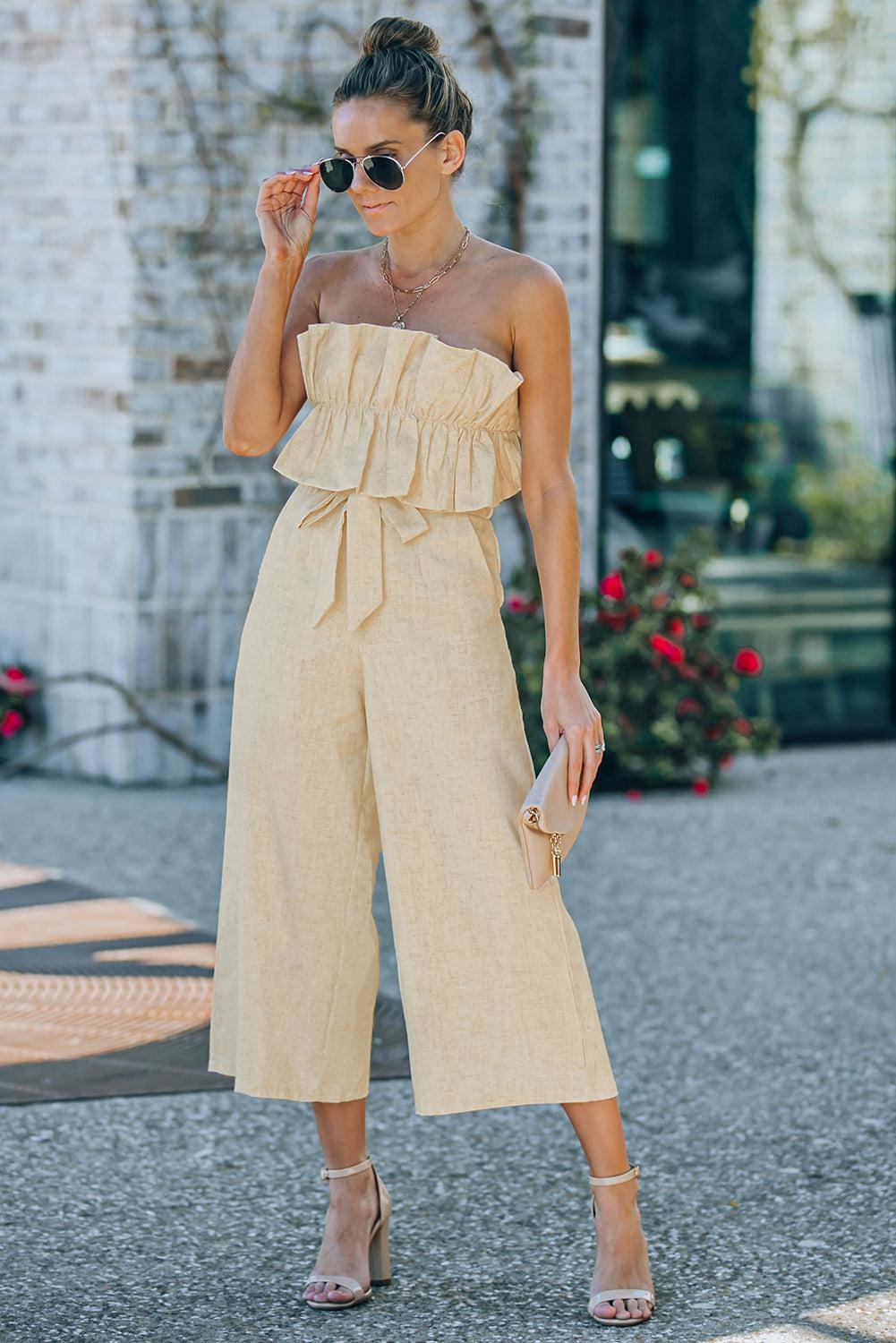 Ruffled Strapless Wide Leg Jumpsuit BLUE ZONE PLANET