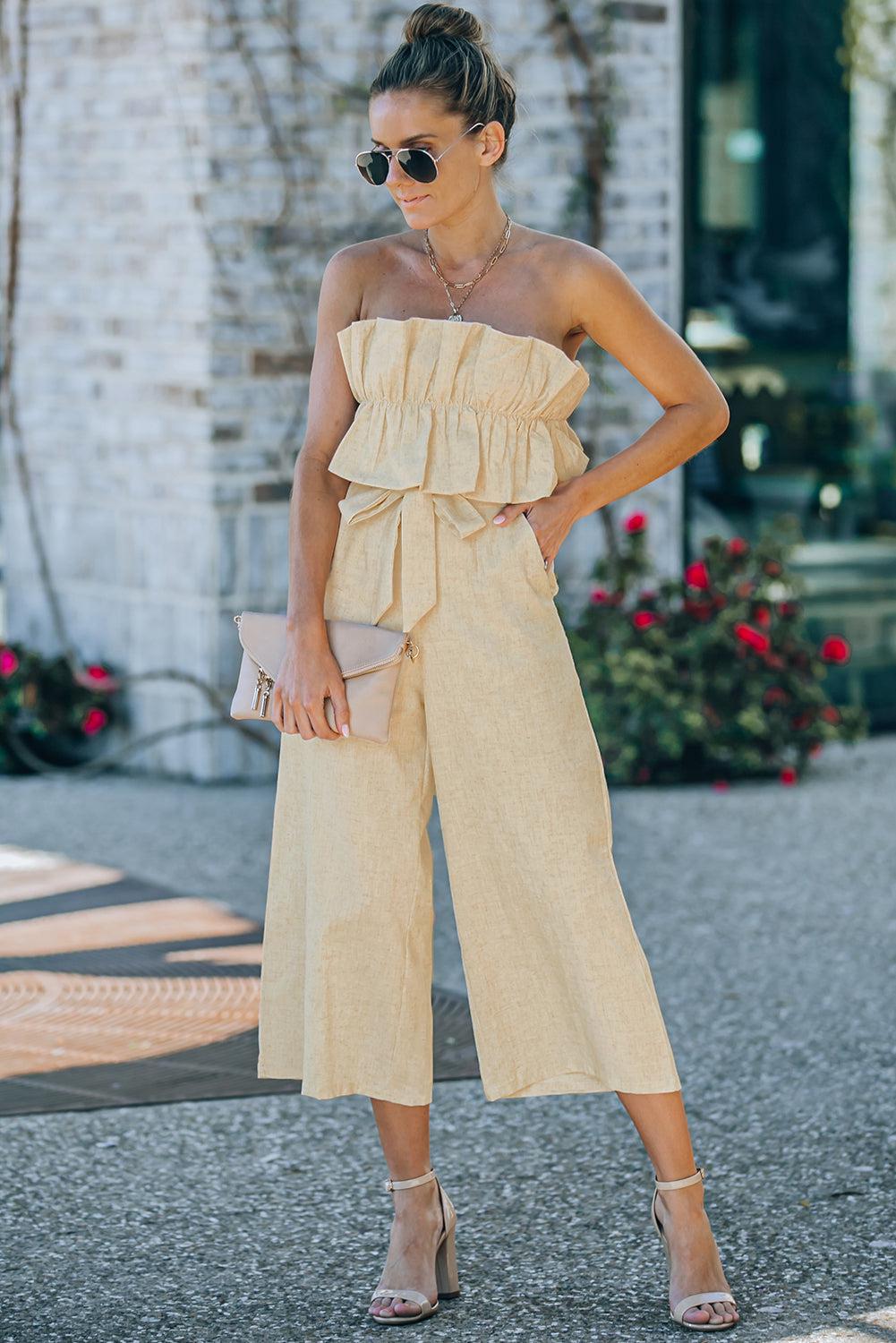 Ruffled Strapless Wide Leg Jumpsuit BLUE ZONE PLANET