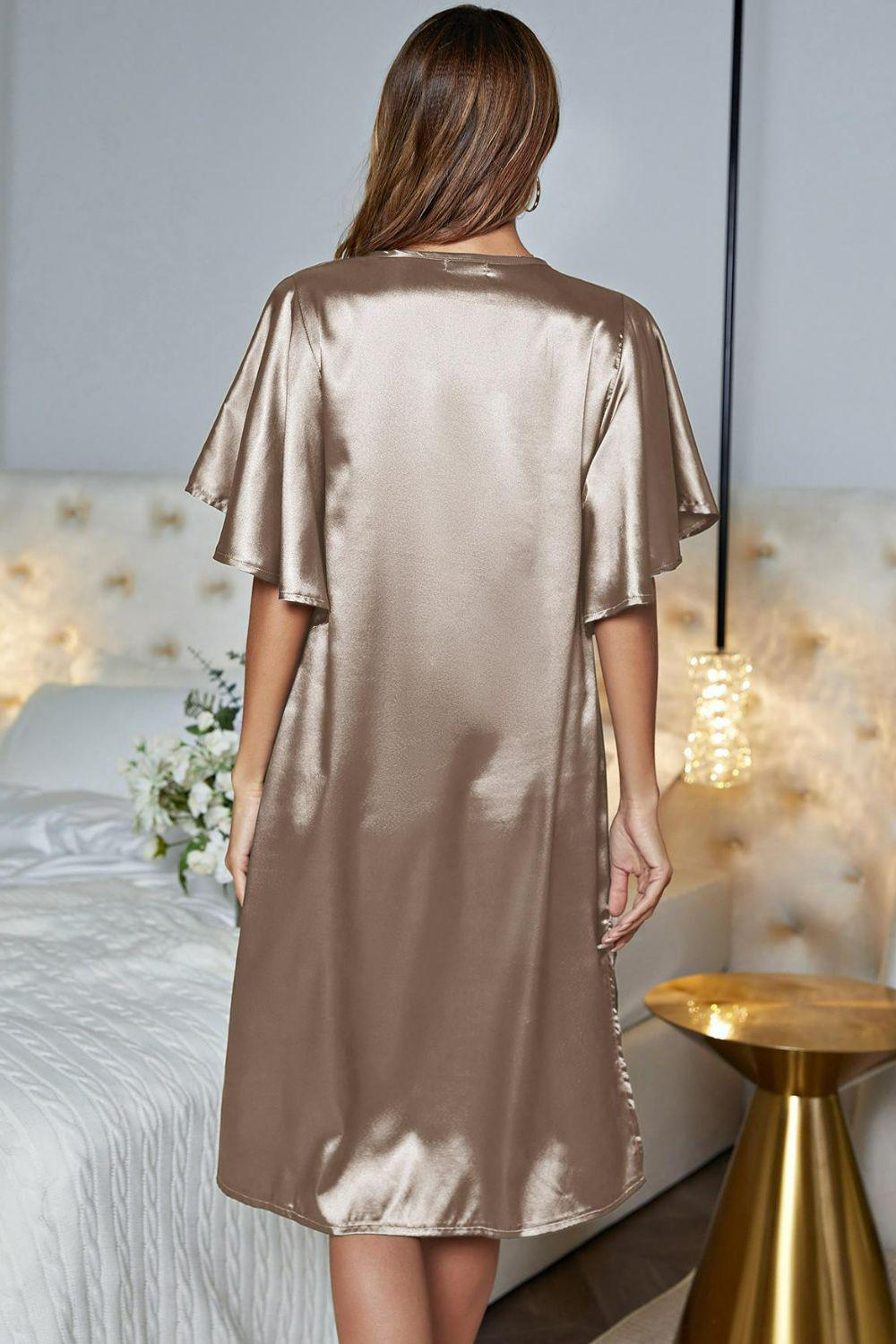 Satin Flutter Sleeve Side Slit V-Neck Night Midi Dress BLUE ZONE PLANET
