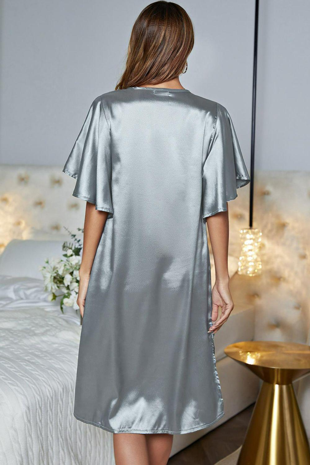 Satin Flutter Sleeve Side Slit V-Neck Night Midi Dress BLUE ZONE PLANET