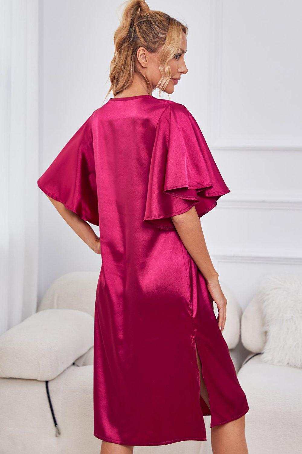Satin Flutter Sleeve Side Slit V-Neck Night Midi Dress BLUE ZONE PLANET