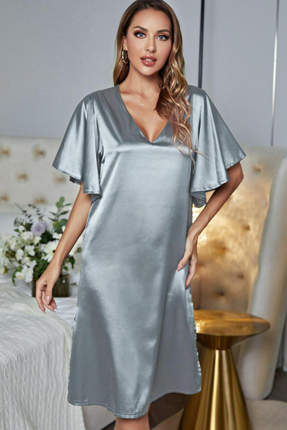 Satin Flutter Sleeve Side Slit V-Neck Night Midi Dress BLUE ZONE PLANET