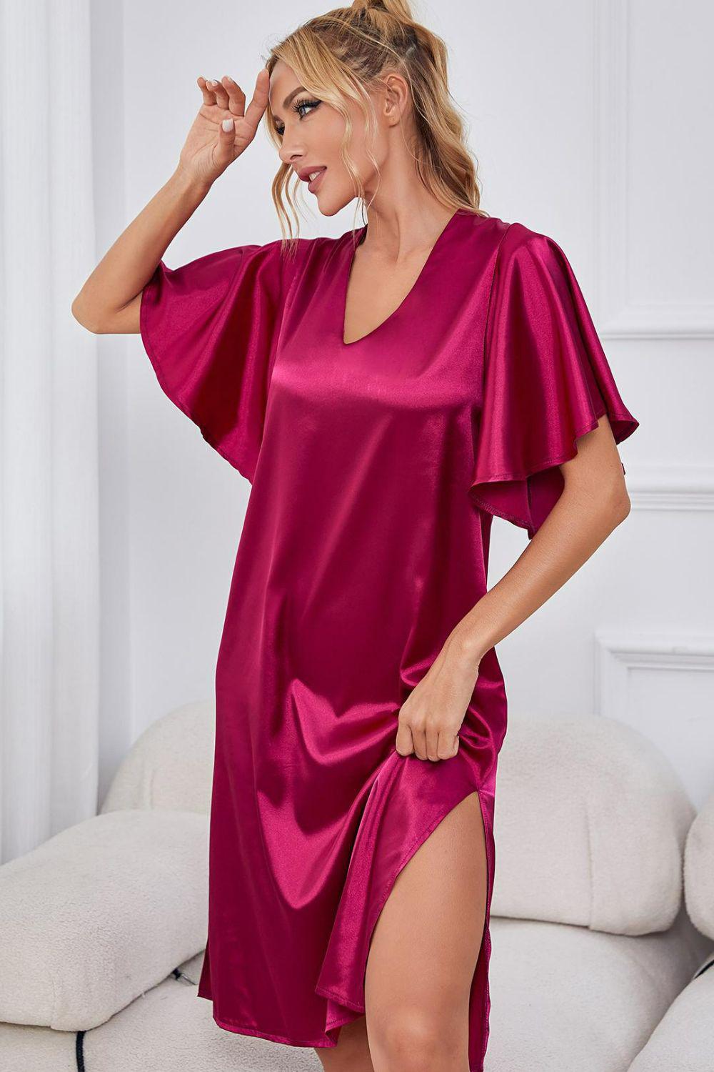 Satin Flutter Sleeve Side Slit V-Neck Night Midi Dress BLUE ZONE PLANET