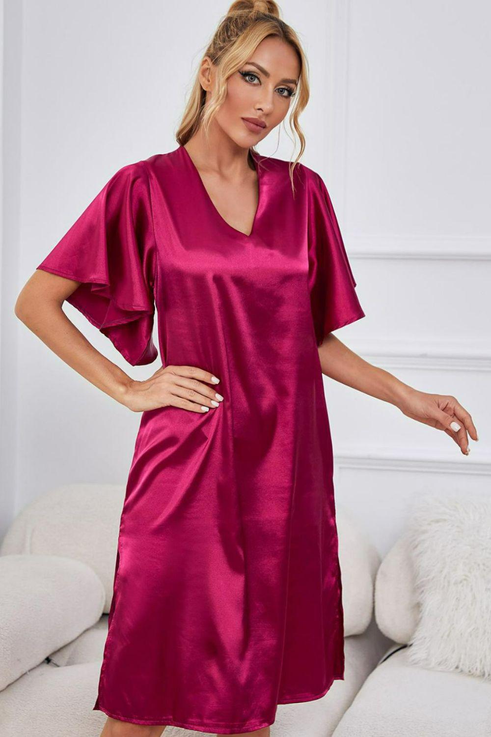 Satin Flutter Sleeve Side Slit V-Neck Night Midi Dress BLUE ZONE PLANET