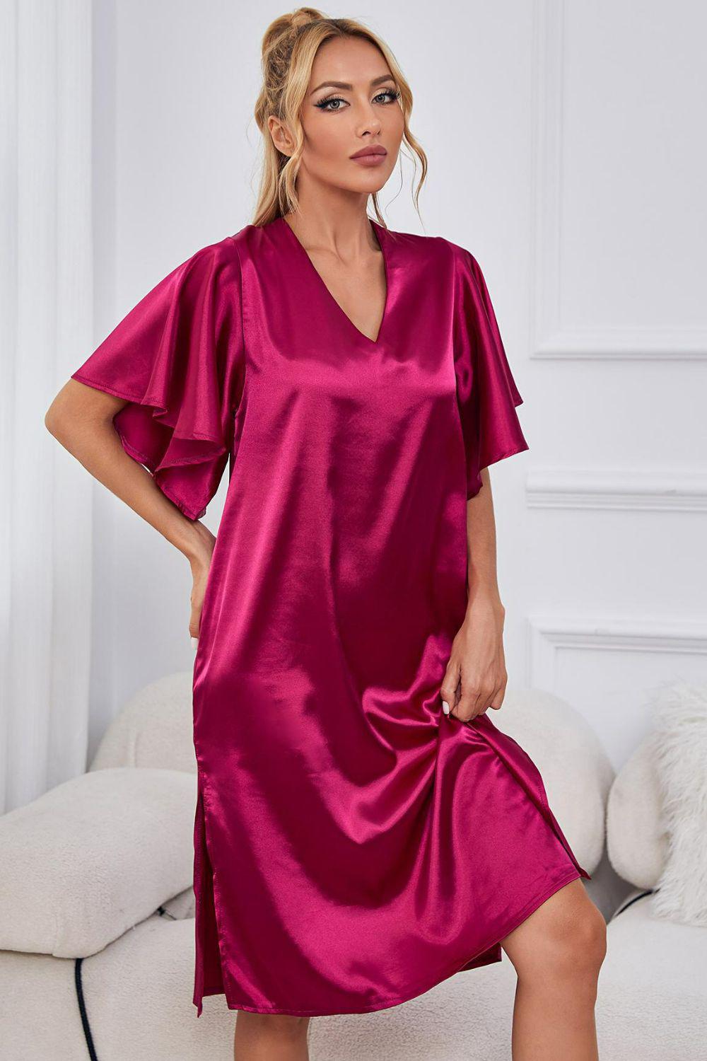Satin Flutter Sleeve Side Slit V-Neck Night Midi Dress BLUE ZONE PLANET