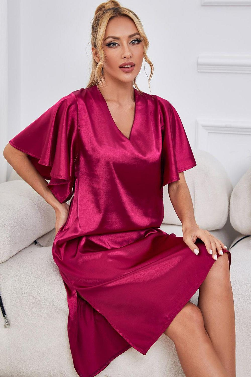 Satin Flutter Sleeve Side Slit V-Neck Night Midi Dress BLUE ZONE PLANET