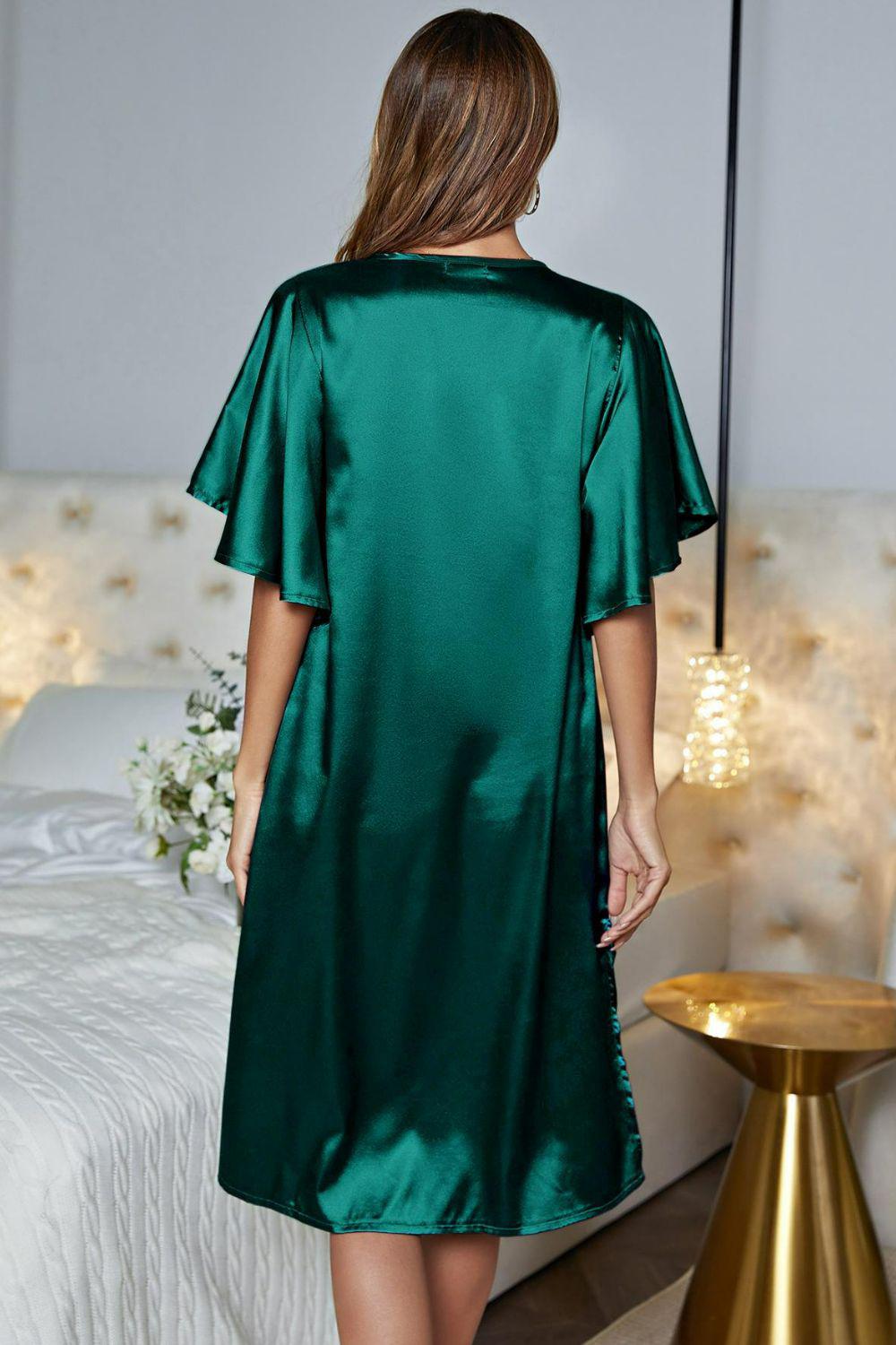 Satin Flutter Sleeve Side Slit V-Neck Night Midi Dress BLUE ZONE PLANET