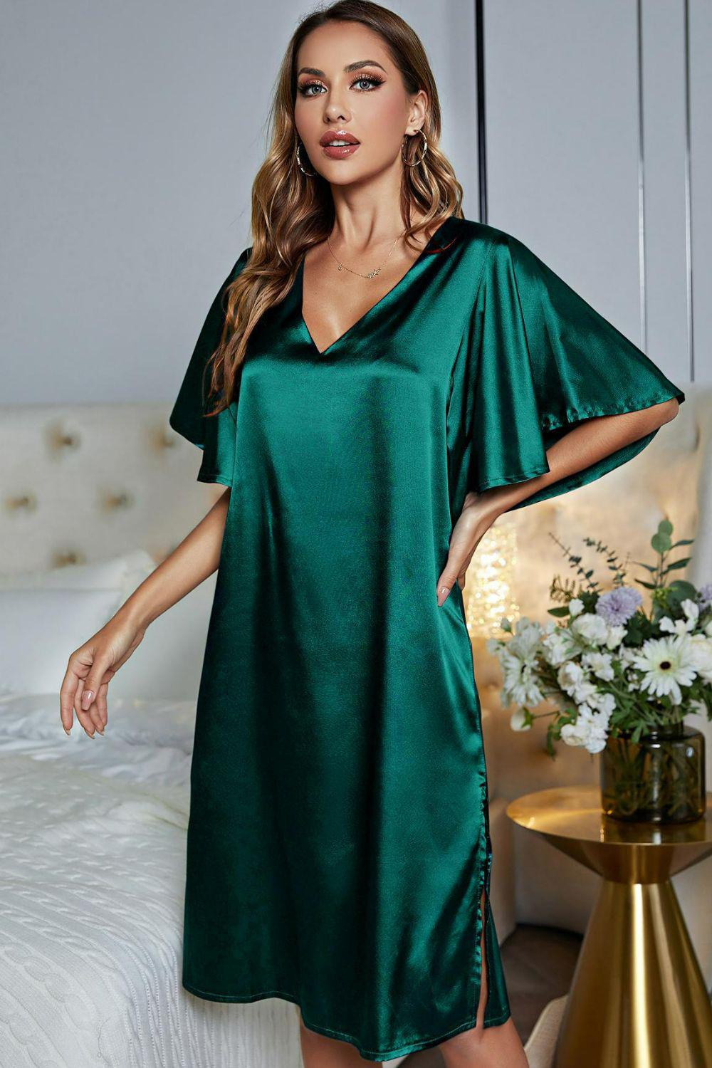 Satin Flutter Sleeve Side Slit V-Neck Night Midi Dress BLUE ZONE PLANET