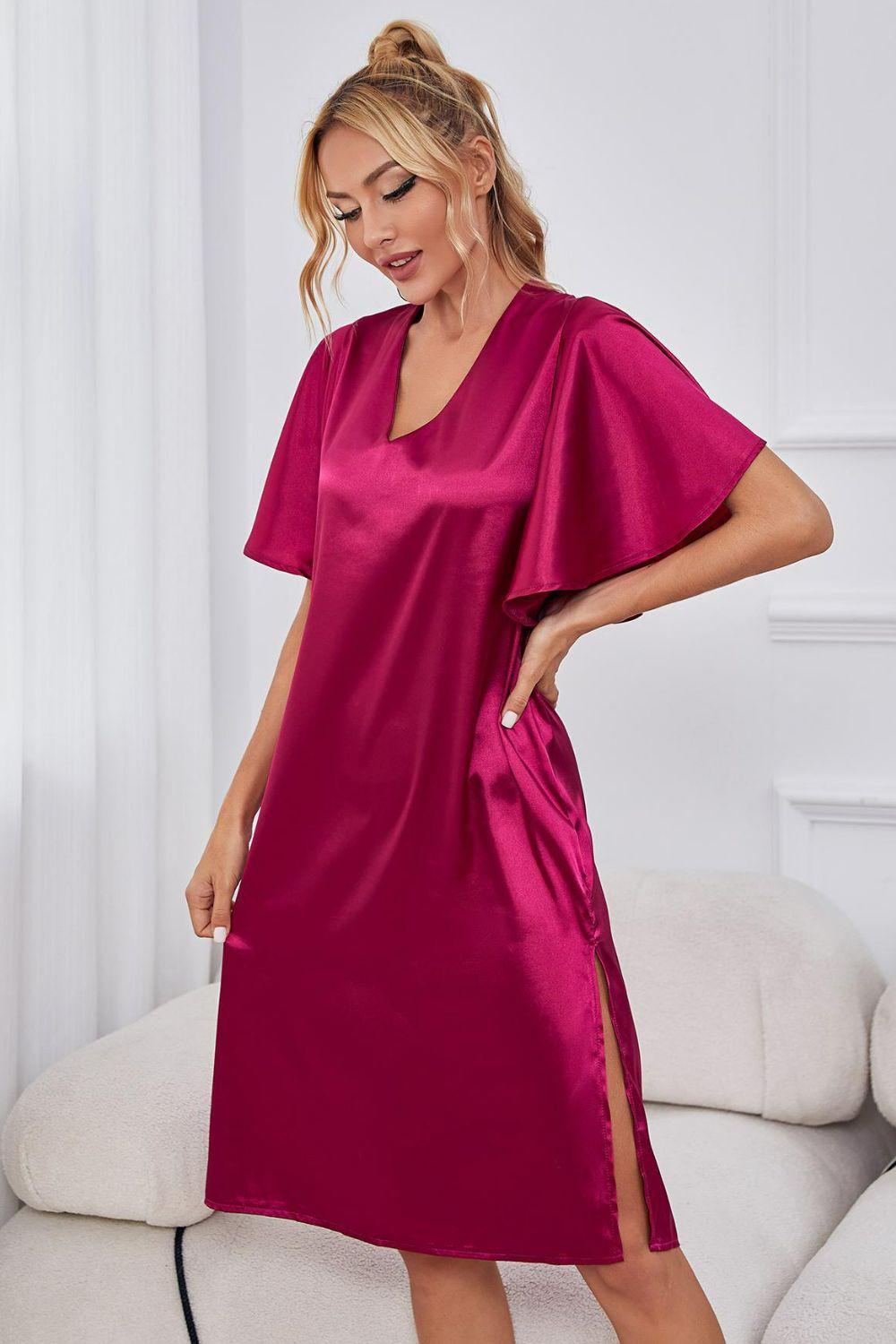 Satin Flutter Sleeve Side Slit V-Neck Night Midi Dress BLUE ZONE PLANET