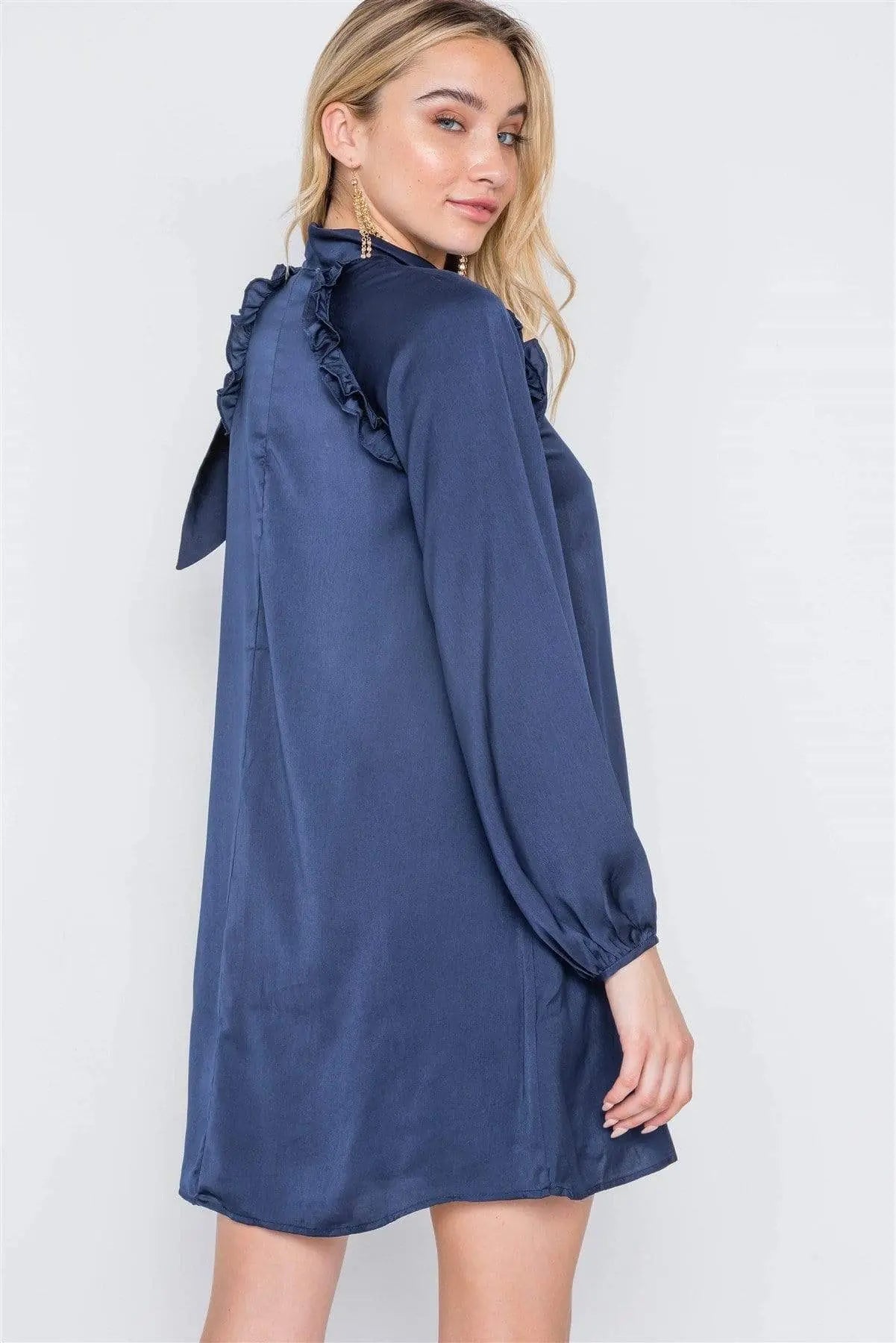 Satin Long Sleeve Side-tie Mini Dress Blue Zone Planet