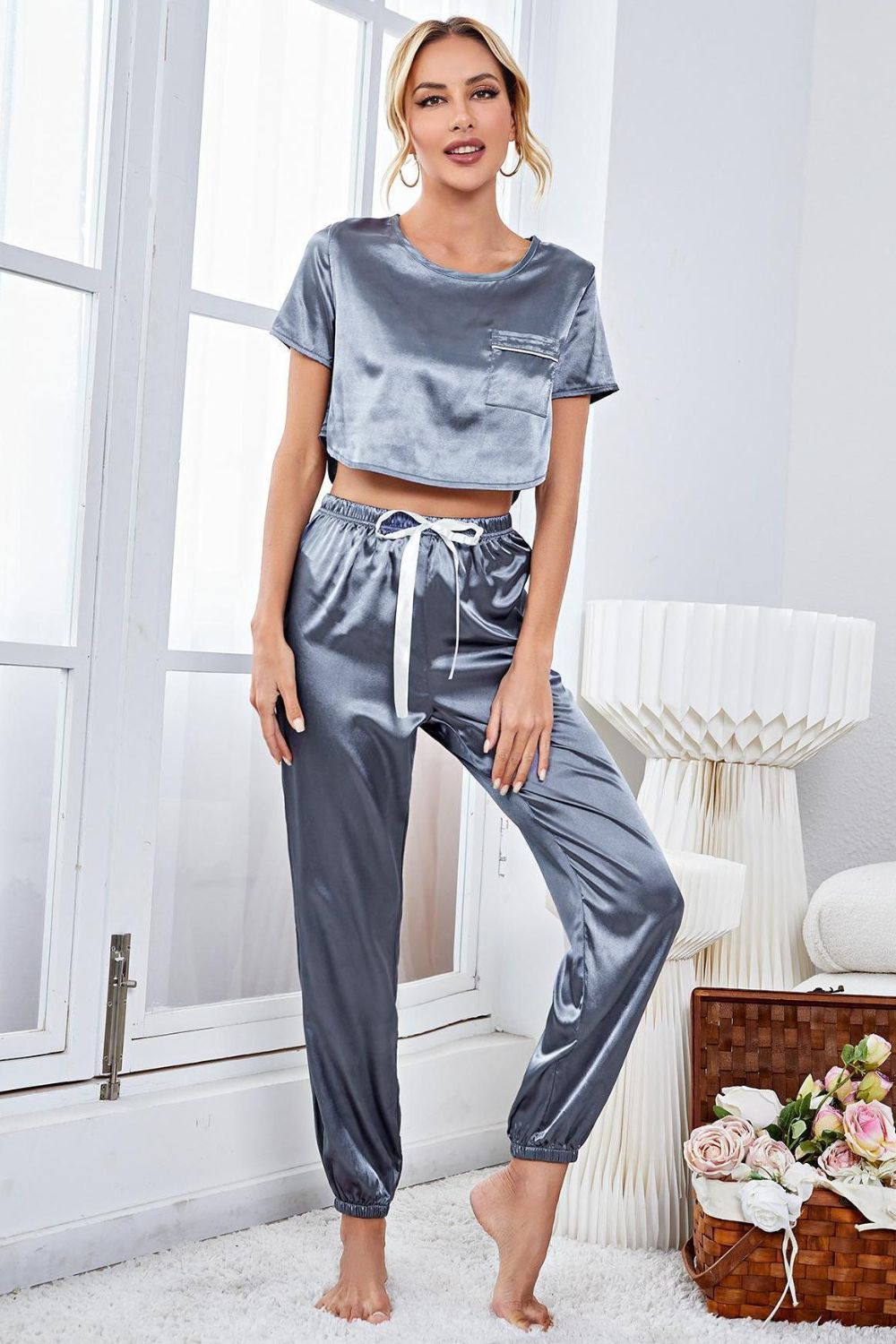 Satin Short Sleeve Crop Top and Joggers Lounge Set BLUE ZONE PLANET